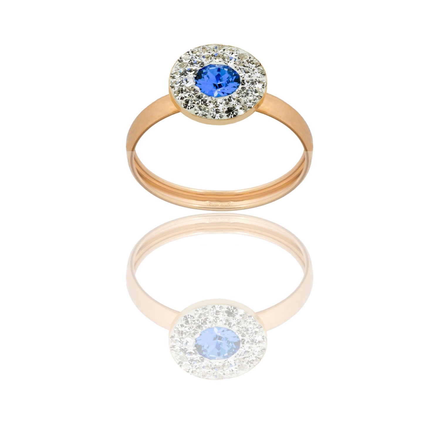 Anello Oro Giallo Oro 18 carati Tondo Centroe Contorno Zirconi Bianchi, Zircone Blu spessore gambo 1 mm , spessore pietre 6
