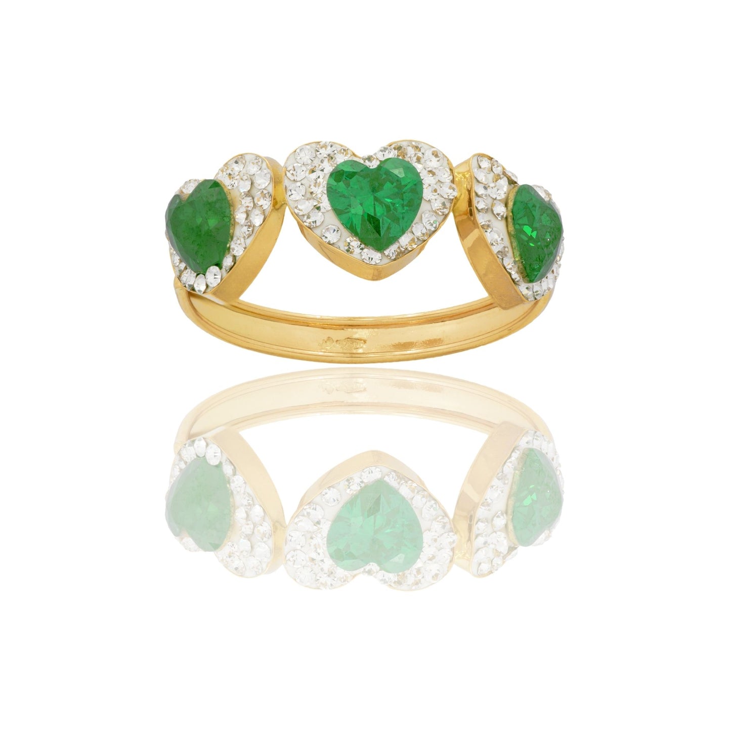 Anello Oro Giallo Oro 18 carati Trilogy Cuore Centro E Contorno Zirconi Bianchi, Zircone Verde spessore gambo 1 mm , spessore pietre 6