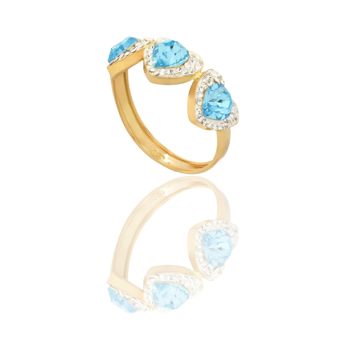 Anello Oro Giallo Oro 18 carati Trilogy Cuore Centro E Contorno Zirconi Bianchi, Zircone Azzurro spessore gambo 1 mm , spessore pietre 6