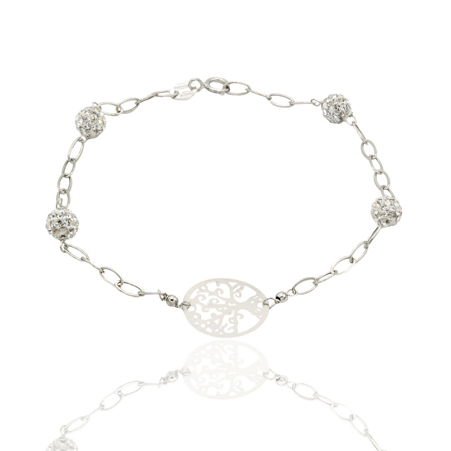 Bracciale Oro Bianco Oro 18 carati Maglia Morbida Con Albero Della Vita E Sfere Zirconi Bianchi cm 19