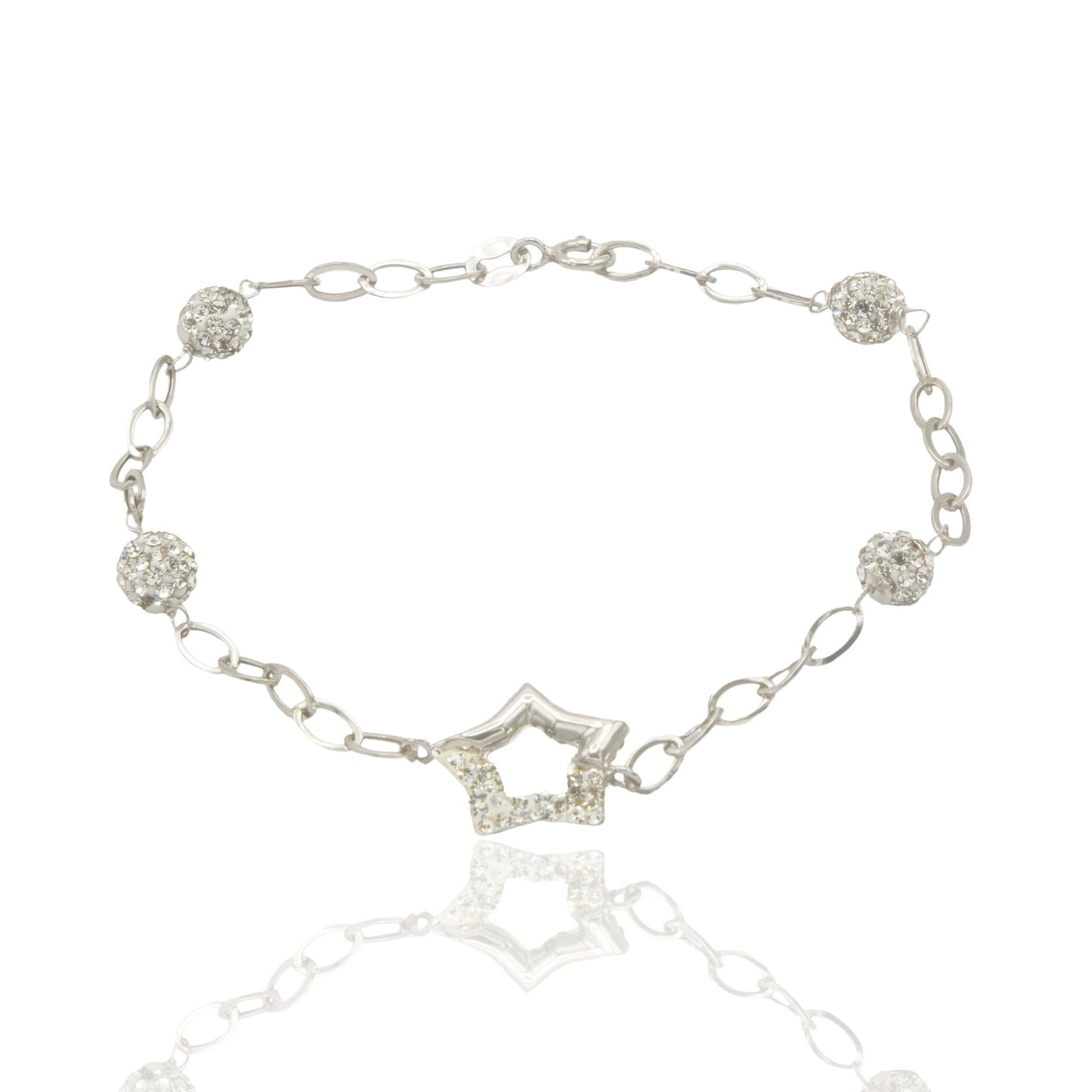 Bracciale Oro Bianco Oro 18 carati Maglia Morbida Con Stella E Sfere Zirconi Bianchi cm 19