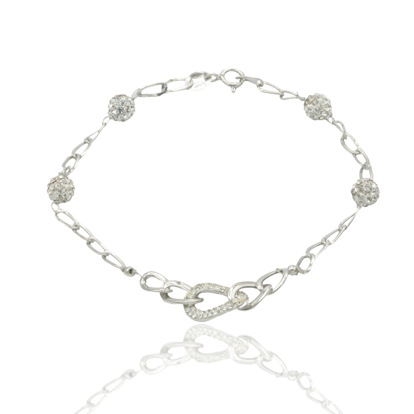 Bracciale Oro Bianco Oro 18 carati Maglia Morbida a scalare E Sfere Zirconi Bianchi