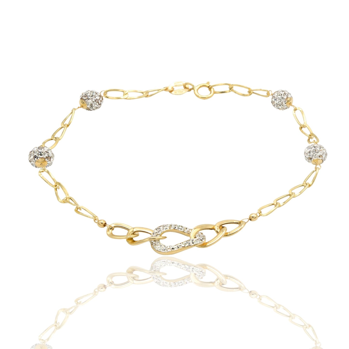 Bracciale Oro Giallo Oro 18 carati Maglia Morbida a scalare E Sfere Zirconi Bianchi