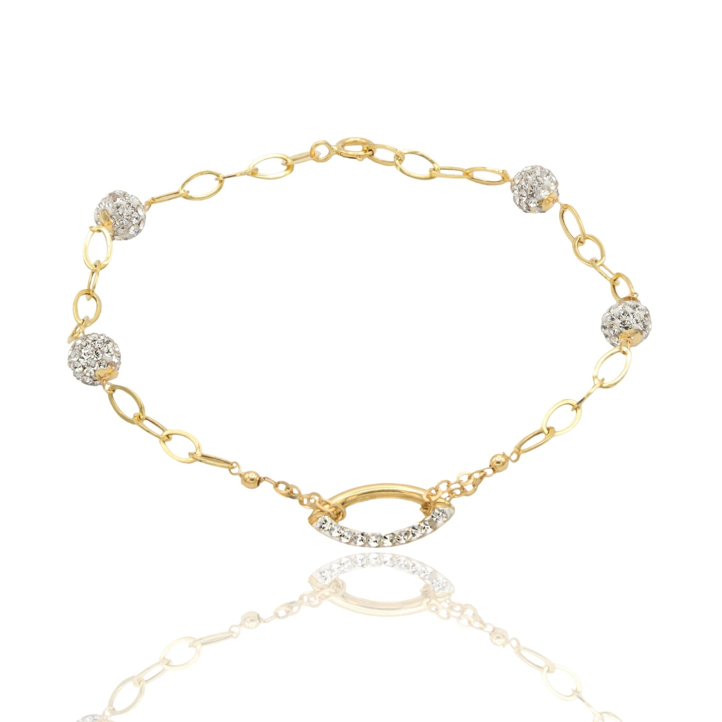 Bracciale Oro Giallo Oro 18 carati Maglia Morbida Con Ovale E Sfere Zirconi Bianchi cm 18.5