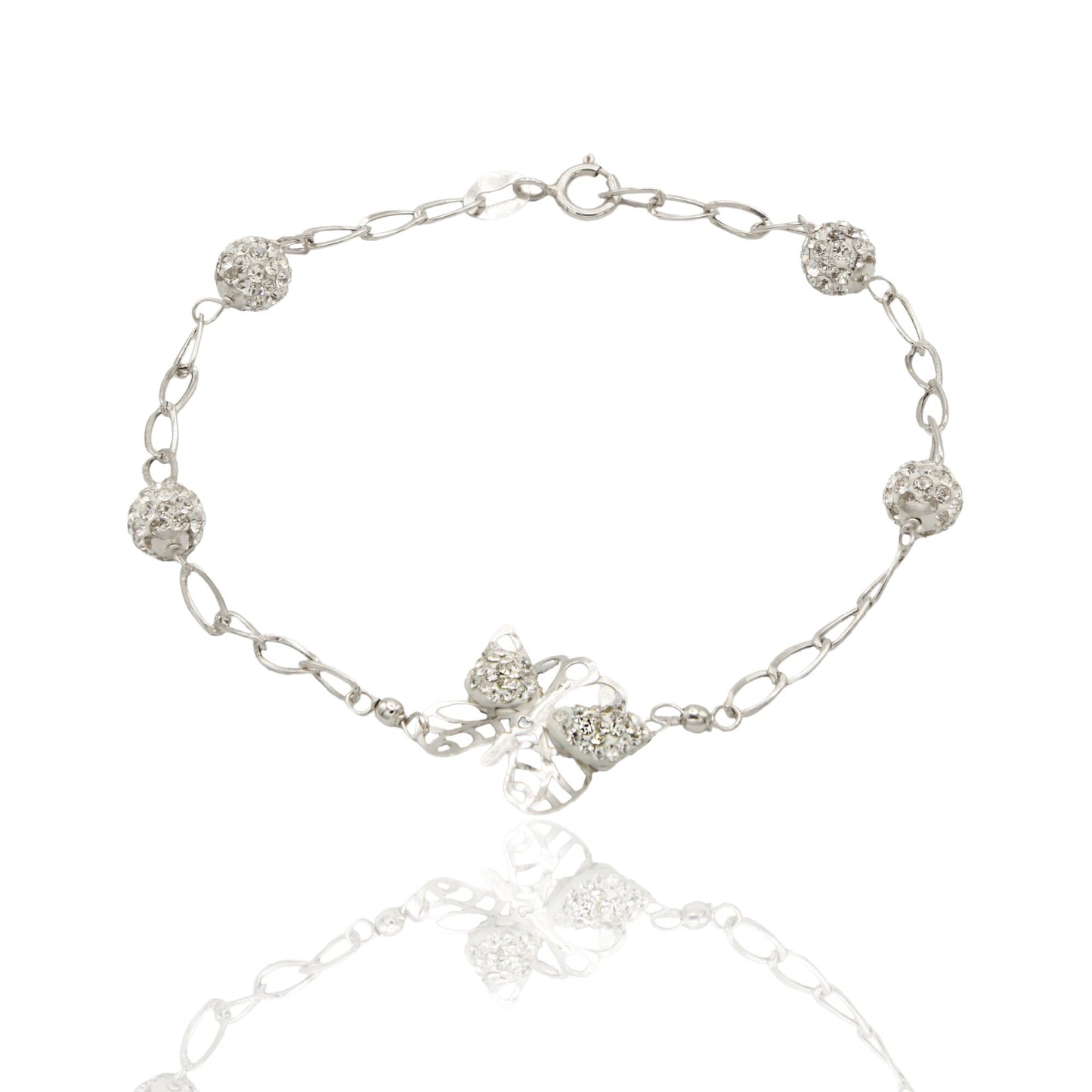 Bracciale Oro Bianco Oro 18 carati Maglia Morbida Con Farfalla E Sfere Zirconi Bianchi cm 18