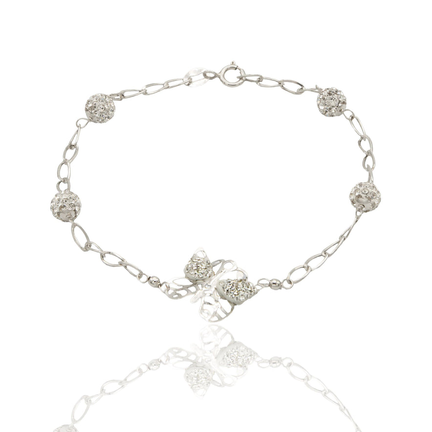 Bracciale Oro Bianco Oro 18 carati Maglia Morbida Con Farfalla E Sfere Zirconi Bianchi cm 18