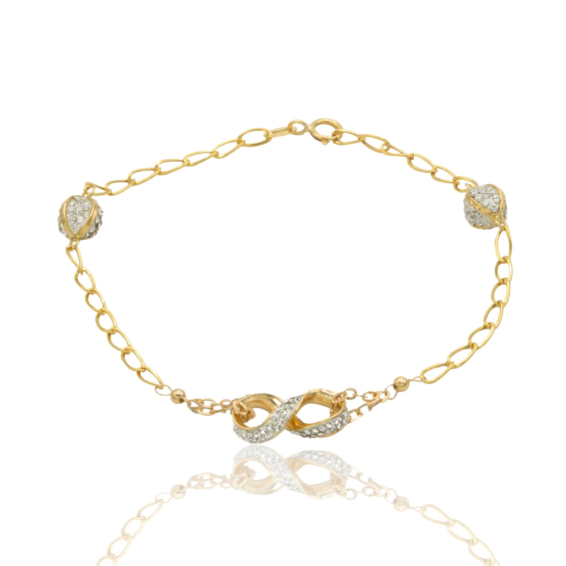 Bracciale Oro Giallo Oro 18 carati Maglia Morbida Con Simbolo Infinito E Sfere Zirconi Bianchi cm 19
