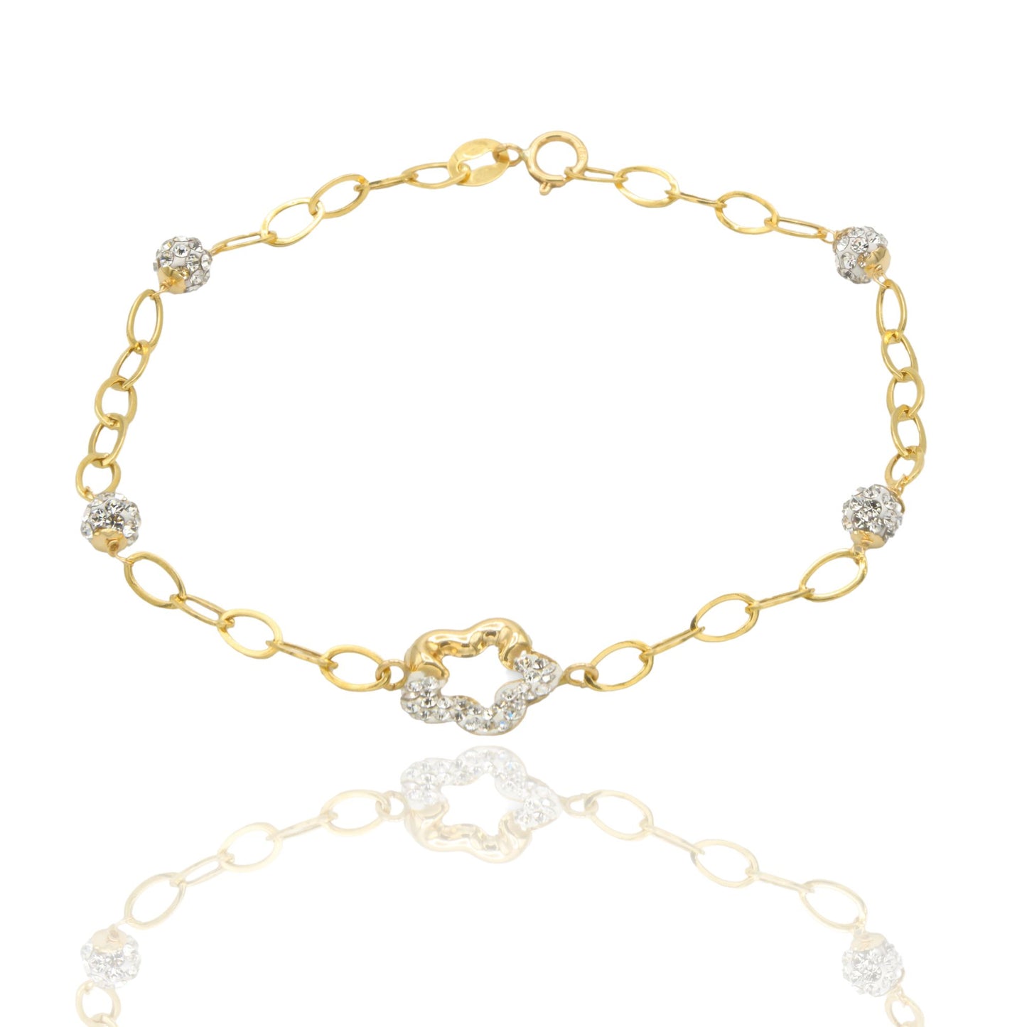 Bracciale Oro Giallo Oro 18 carati Maglia Morbida Con Fiore E Sfere Zirconi Bianchi cm 18.5