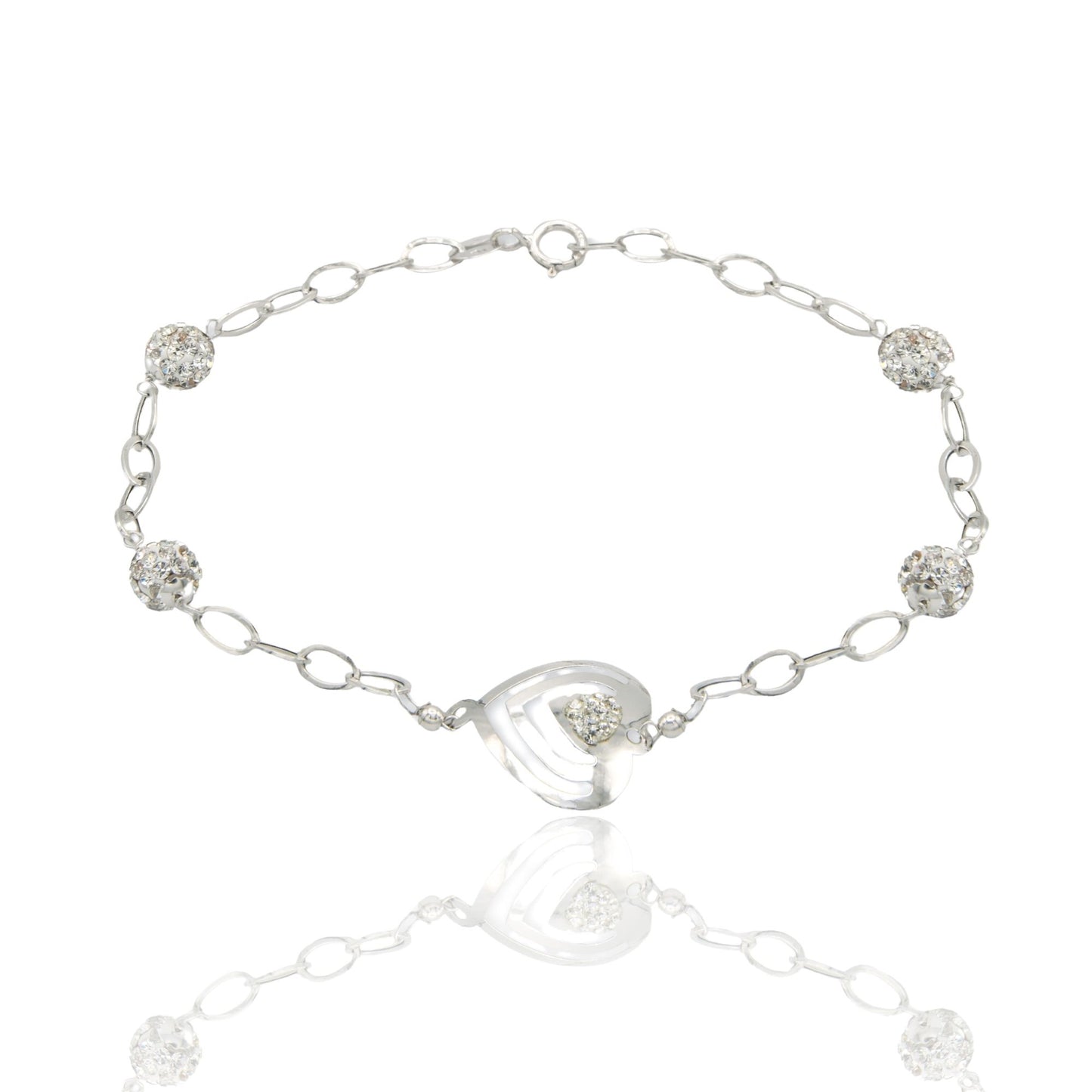 Bracciale Oro Bianco Oro 18 carati Maglia Morbida Con Cuore E Sfere Zirconi Bianchi