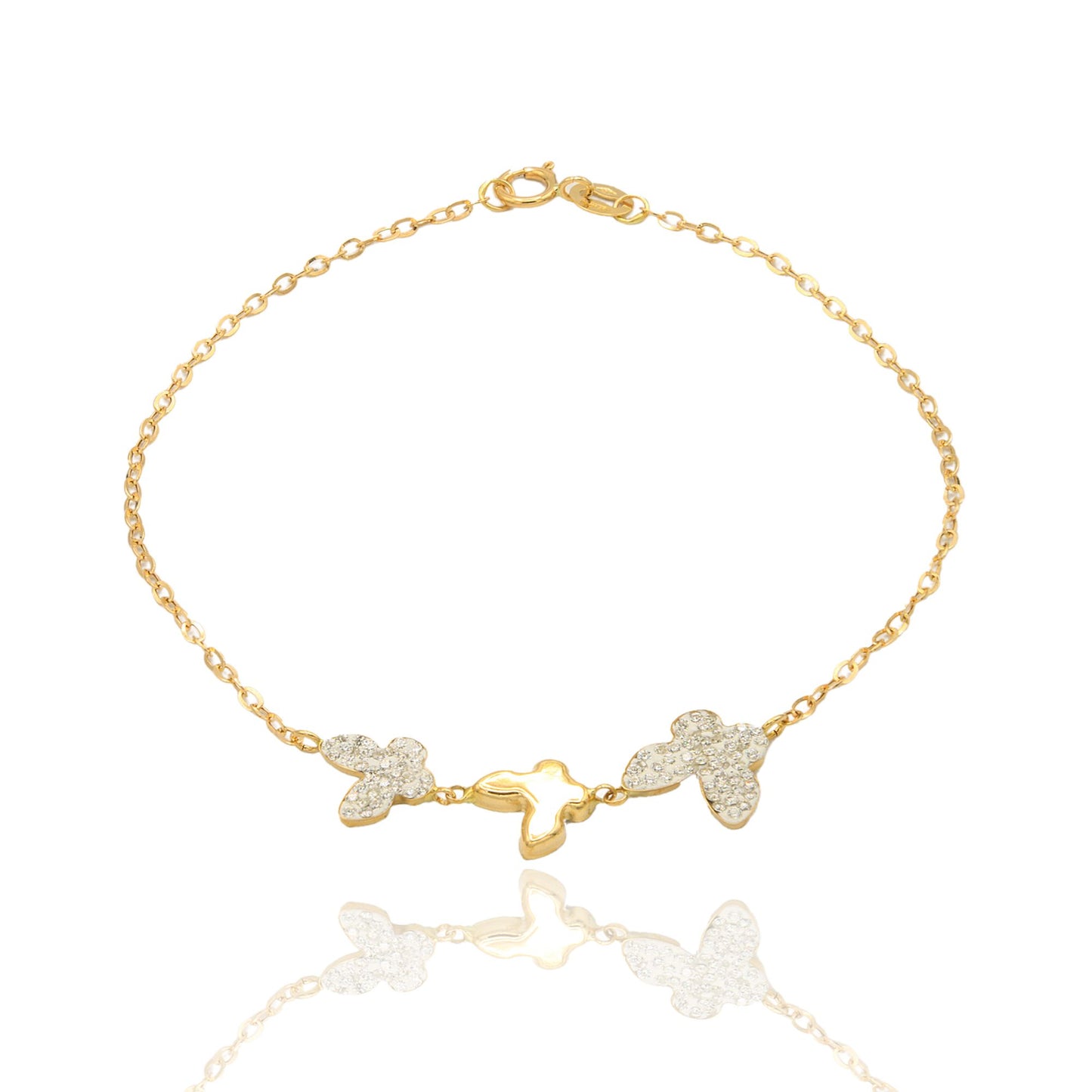 Bracciale Oro Giallo Oro 18 carati Catena Con Farfalle Lucide E Zirconate Zirconi Bianchi cm 18.5