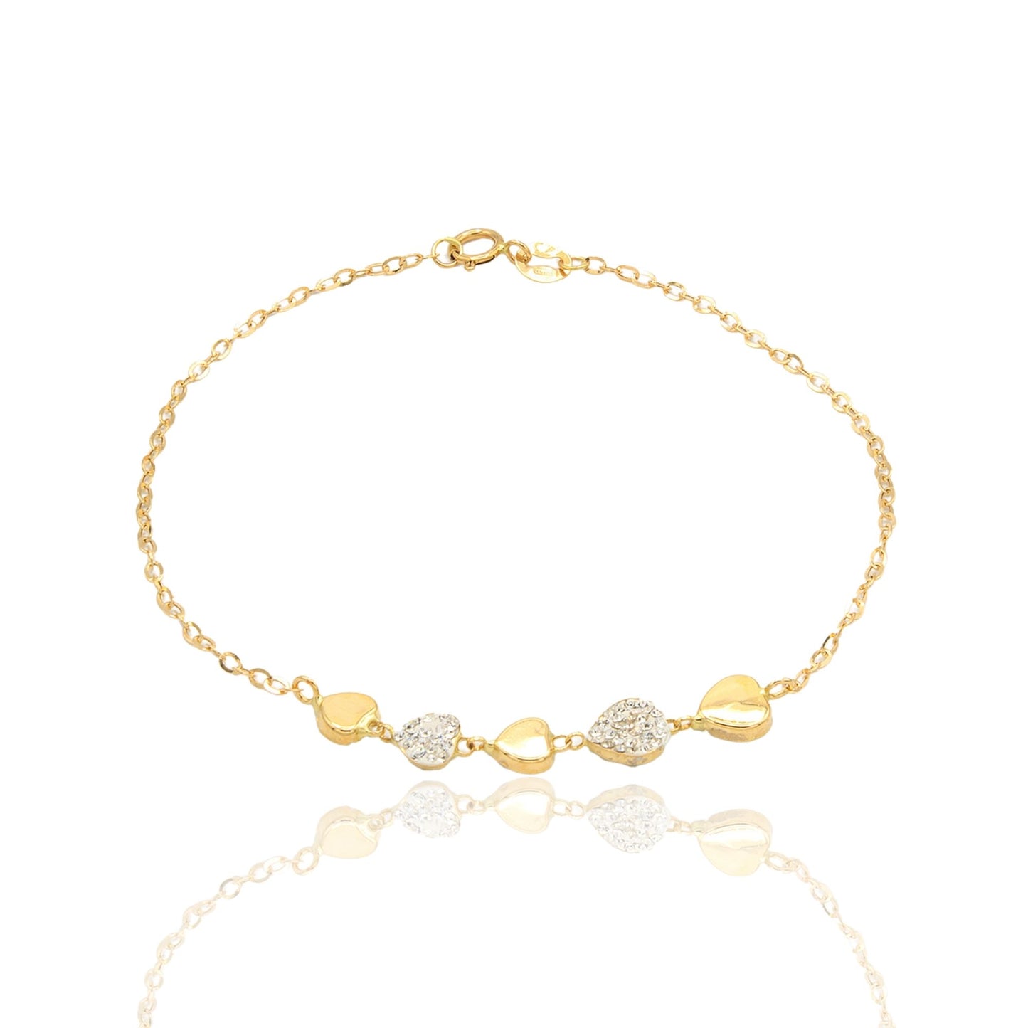 Bracciale Oro Giallo Oro 18 carati Catena Con Cuori Lucidi E Zirconati Zirconi Bianchi cm 18.5