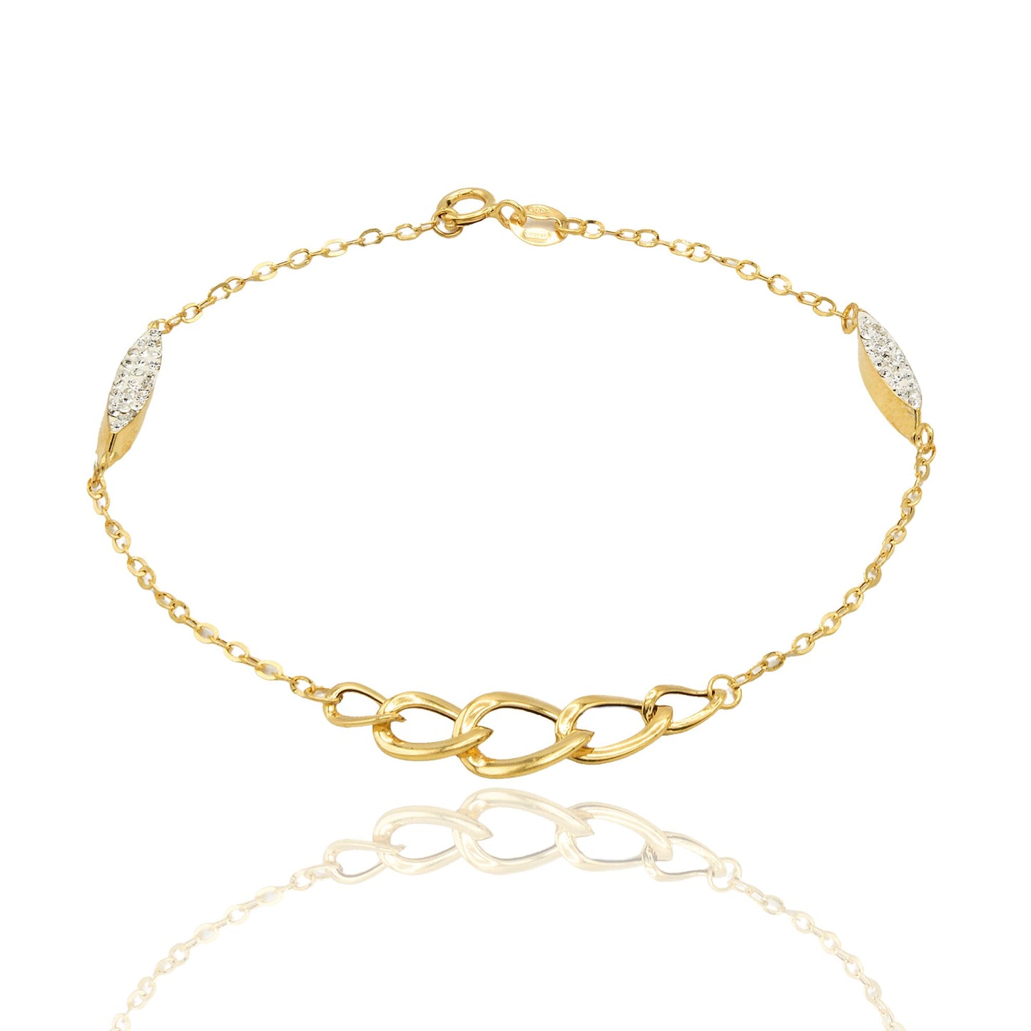 Bracciale Oro Giallo Oro 18 carati Catena E Maglia Groumette Con Elementi Zirconati Zirconi Bianchi cm 19