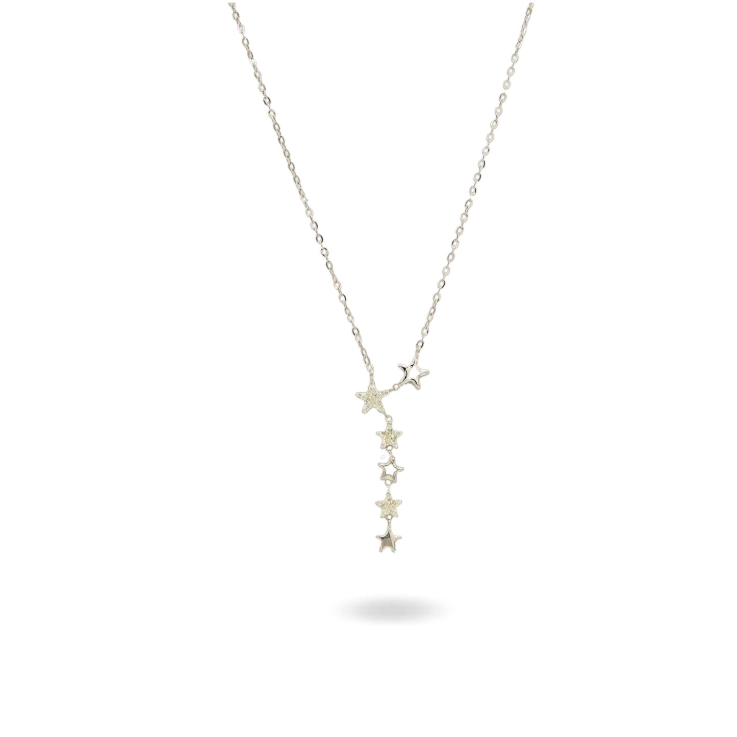 Collana Oro Bianco Oro 18 carati Stelle Pendenti Alernate Lisce Zirconi Bianchi