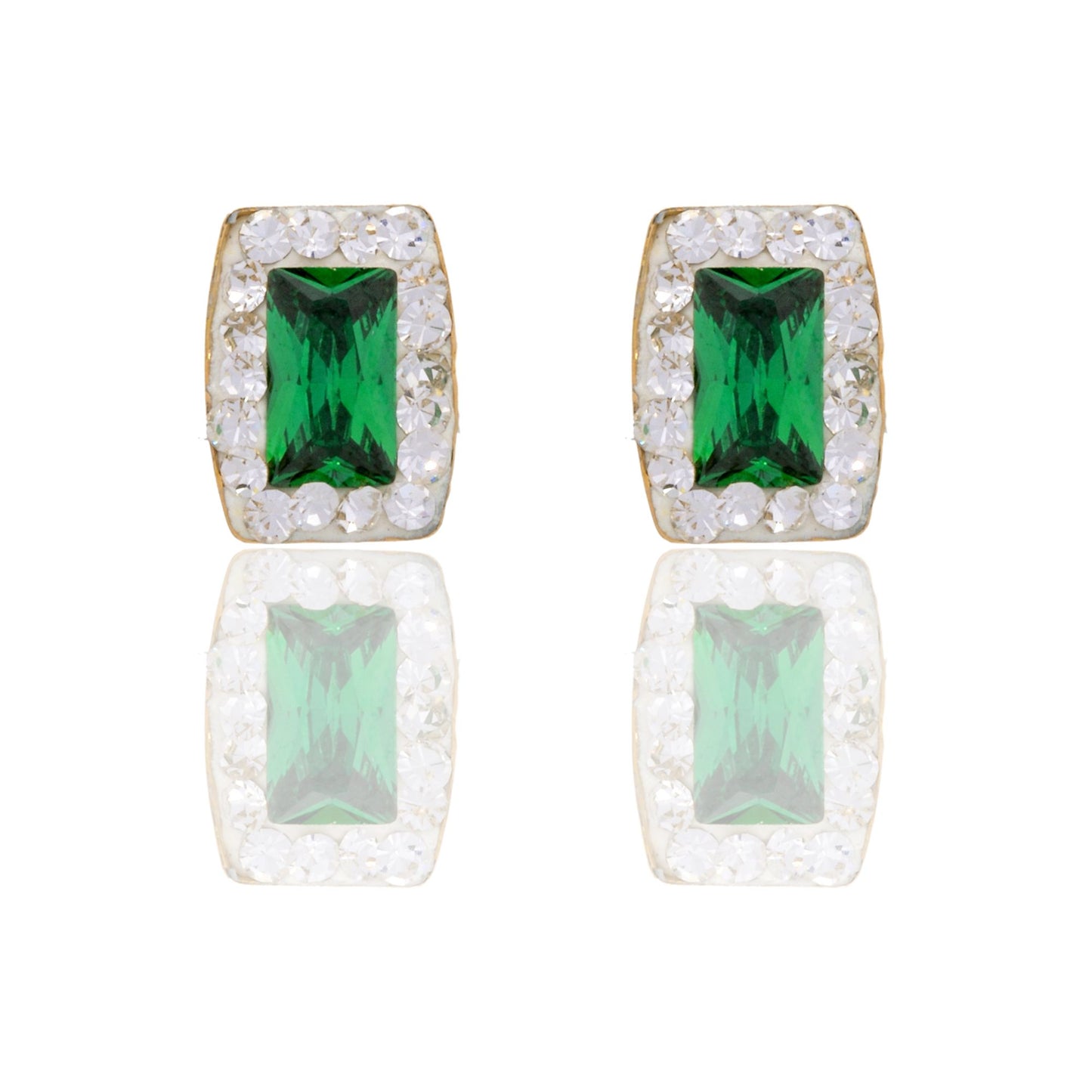 Orecchini Oro Giallo Oro 18 carati Rettangolo Pietra Centrale E Contorno Zircone Verde, Zirconi Bianchi