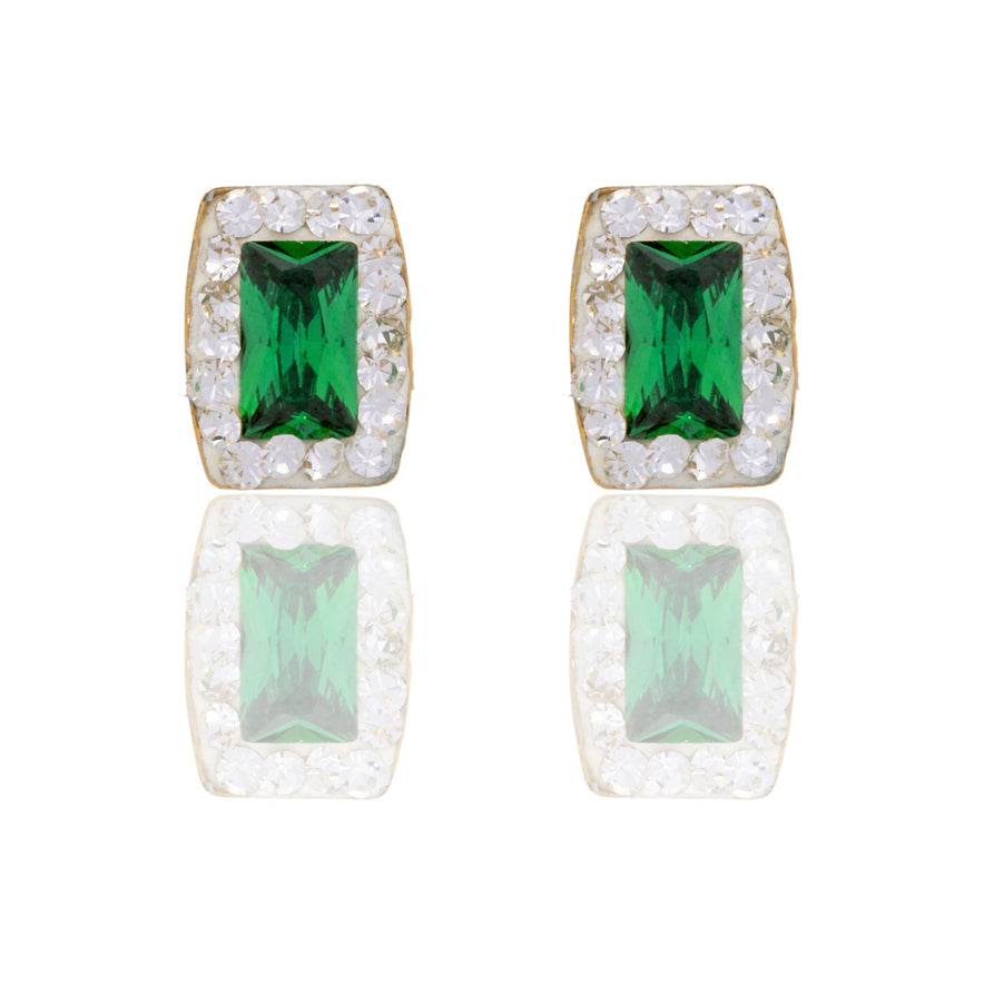 Orecchini Oro Giallo Oro 18 carati  Rettangolo Pietra Centrale E Contorno  Zircone Verde, Zirconi Bianchi