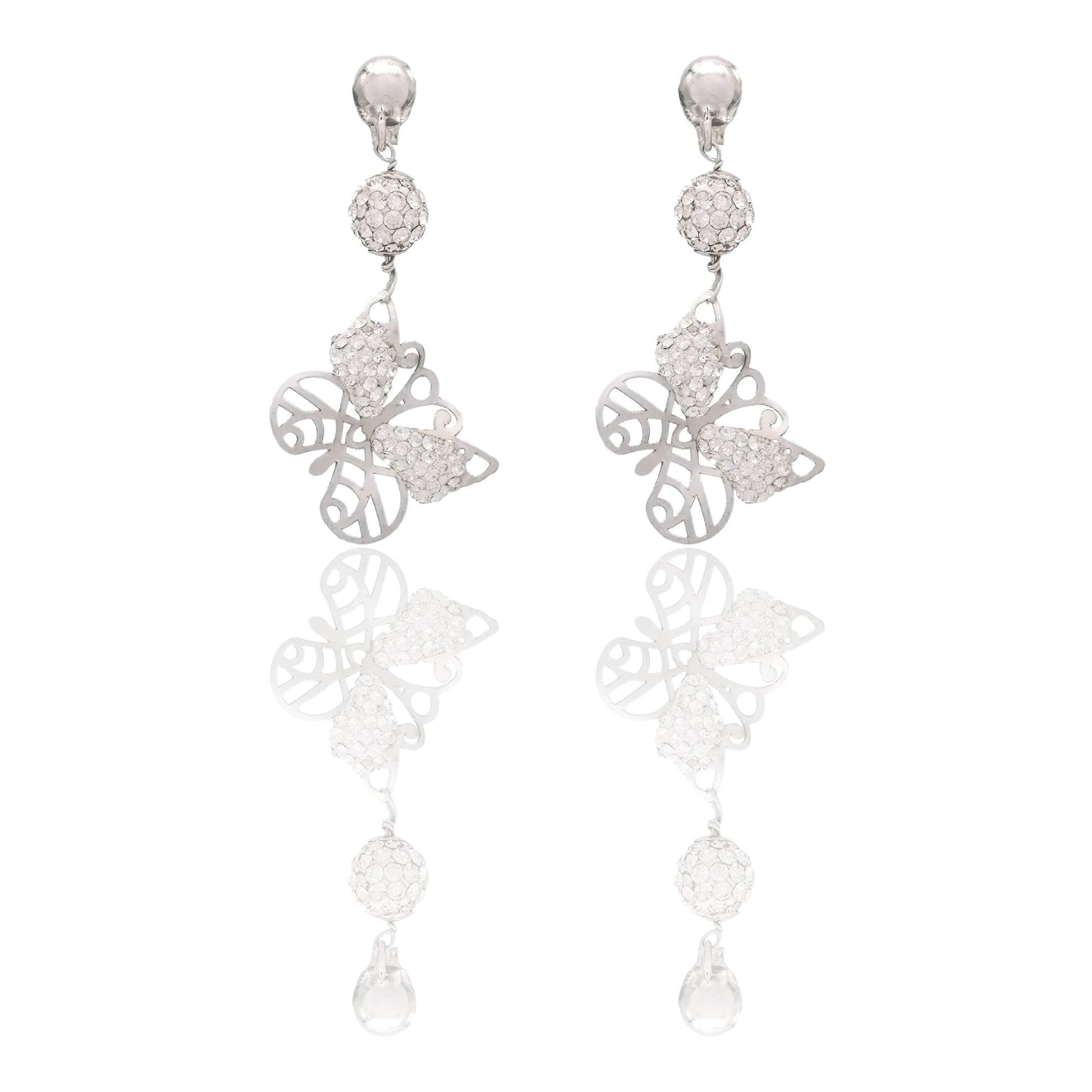 Orecchini Oro Bianco Oro 18 carati Farfalla Traforata Pendente Zirconi Bianchi