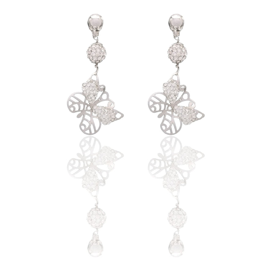 Orecchini Oro Bianco Oro 18 carati Farfalla Traforata Pendente Zirconi Bianchi