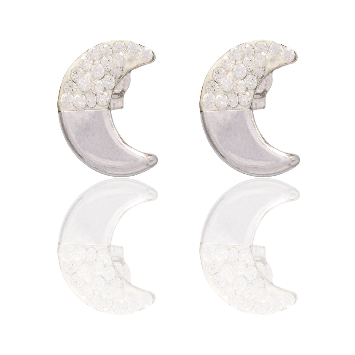 Orecchini Oro Bianco Oro 18 carati Luna Meta' Lucida Meta' Zirconata Zirconi Bianchi