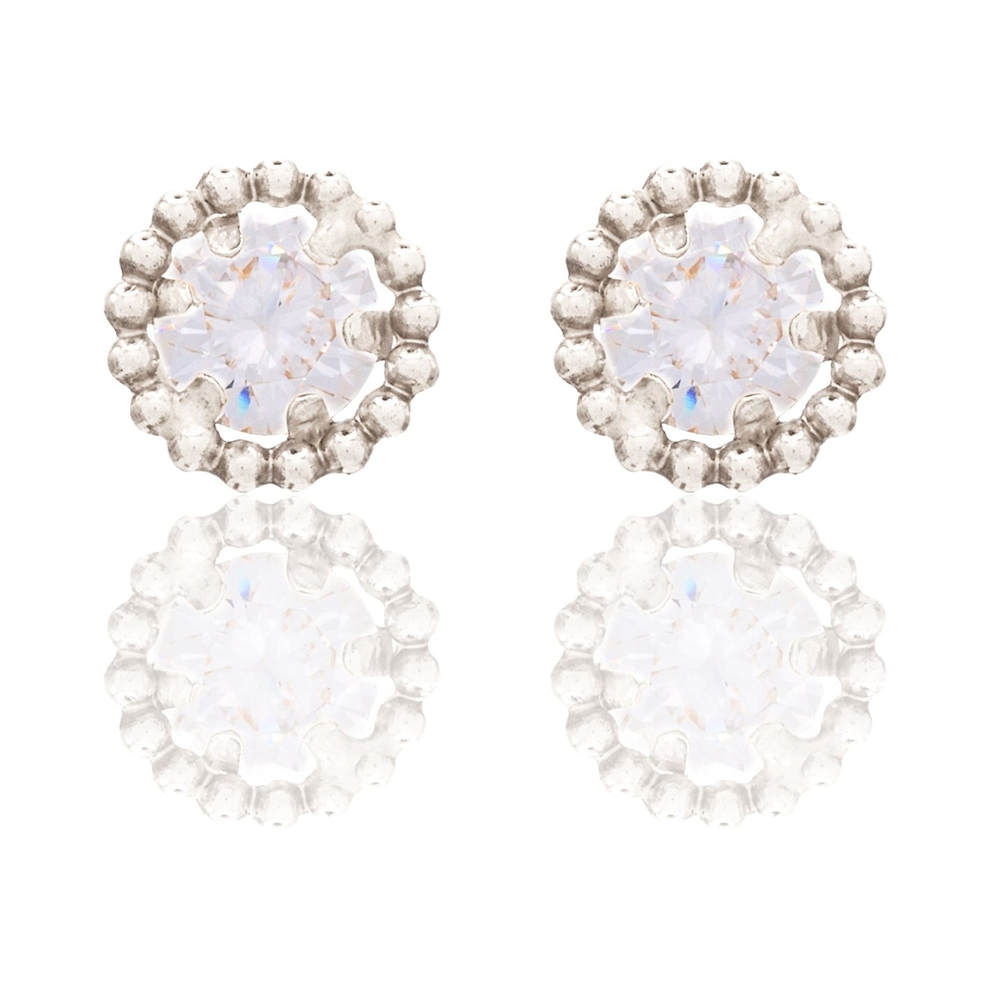 Orecchini Oro Bianco Oro 18 carati Punto Luce Contorno Pallinato Zircone Bianco