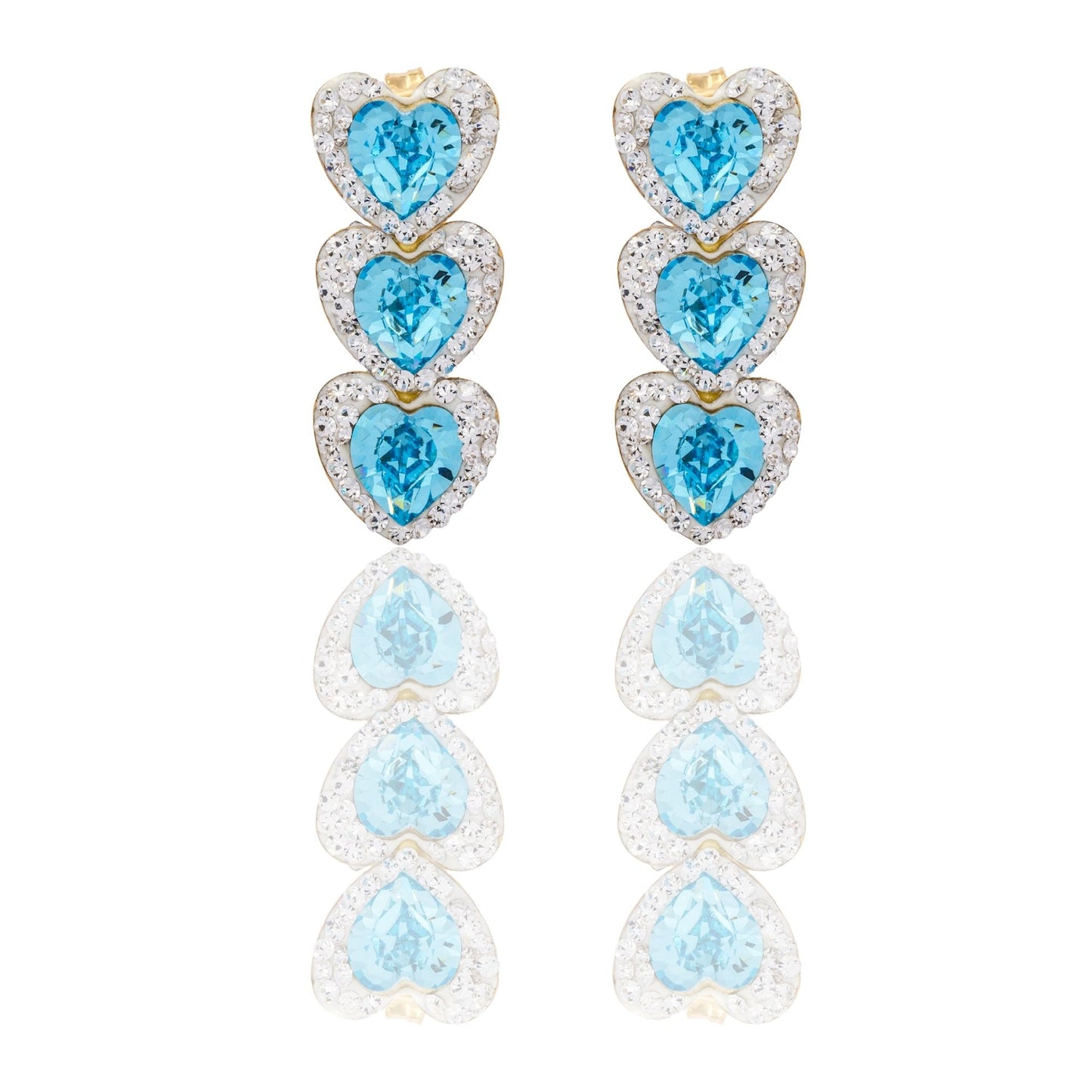 Orecchini Oro Bianco Oro 18 carati Trilogy Cuori Pendenti Contorno Pave' Zirconi Azzurri, Zirconi Bianchi