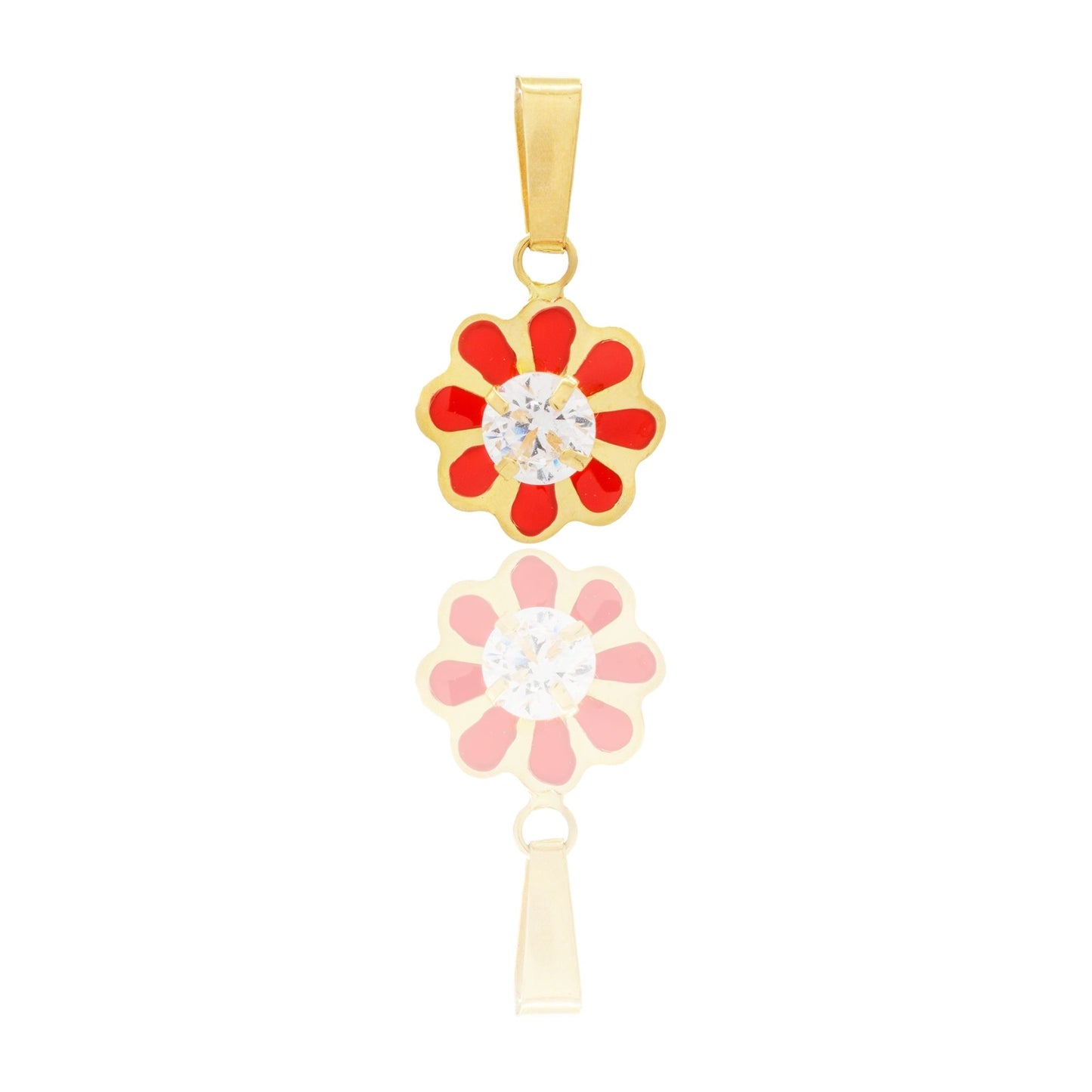 Ciondolo Oro Giallo Oro 18 carati Fiore Smaltato Con Pietra Centrale Smalto rosso, Zircone Bianco cm.1,5