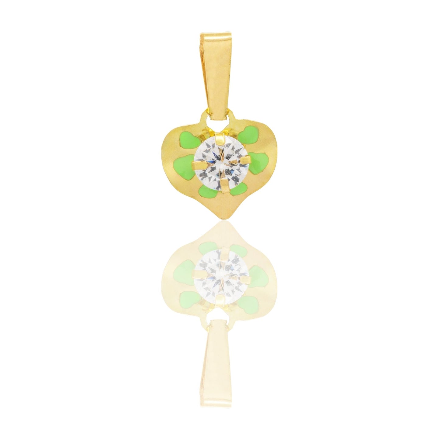 Ciondolo Oro Giallo Oro 18 carati Cuore Smaltato Con Pietra Centrale Zircone Bianco, Smalto verde cm.1,3