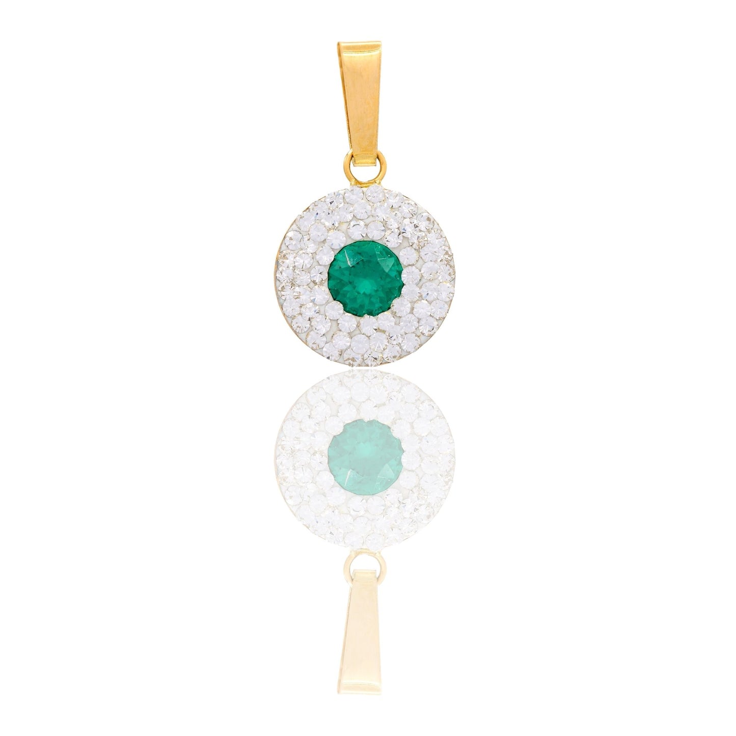 Ciondolo Oro Giallo Oro 18 carati Cerchio Pietra Centrale Contorno Pave' Zirconi Bianchi, Zircone Verde cm.1.5