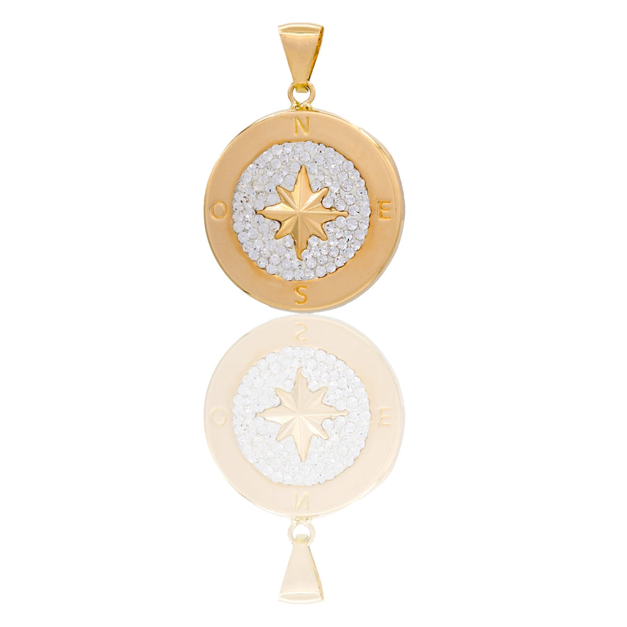 Ciondolo Oro Giallo Oro 18 carati Medaglia Tonda Con Rosa Dei Venti Zirconi Bianchi cm.2.5