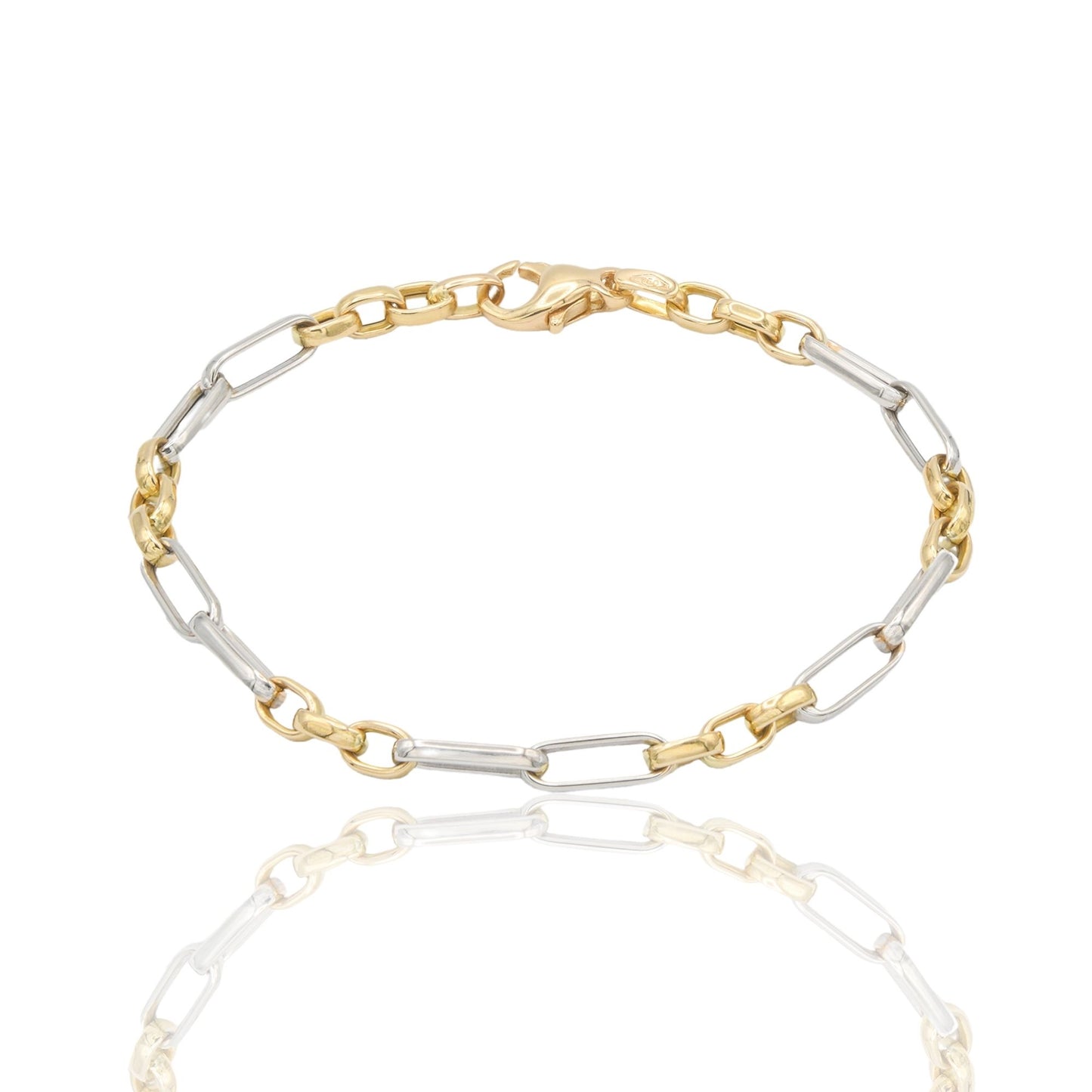 Bracciale Oro Giallo, Oro Bianco Oro 18 carati Rolo' maglie Alternate Tonde E Allungate Solo Oro cm 19.5