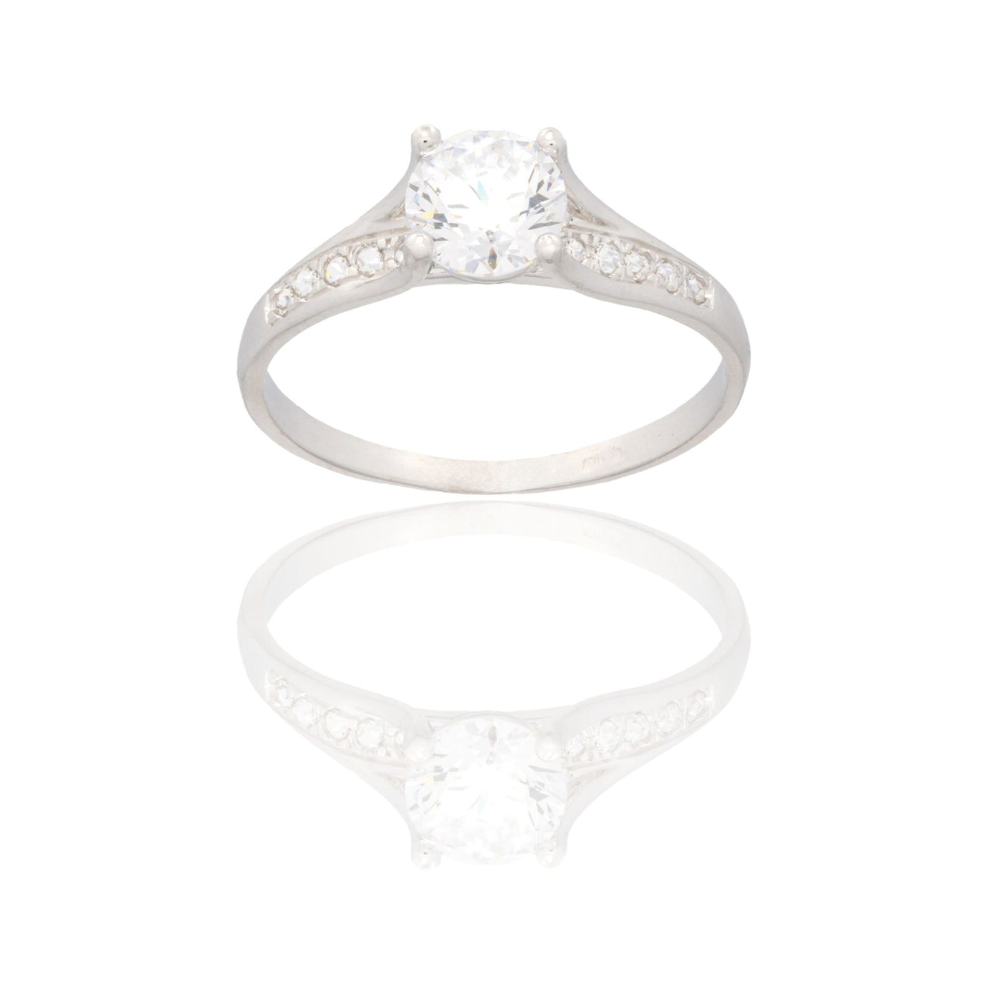 Anello Oro Bianco Oro 18 carati Pietra Centrale Pave' Su Gambo Zirconi Bianchi