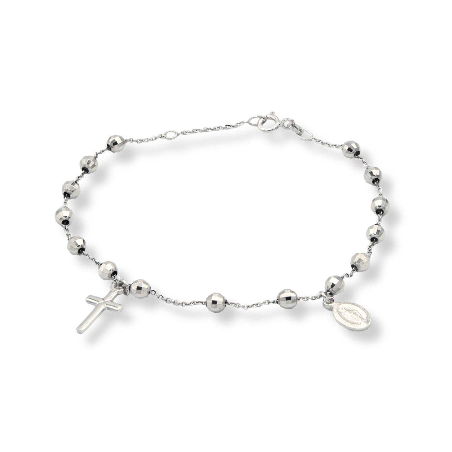 Bracciale Oro Bianco Oro 18 carati Rosario Modello Pendente Zirconi Bianchi Sfera mm. 4