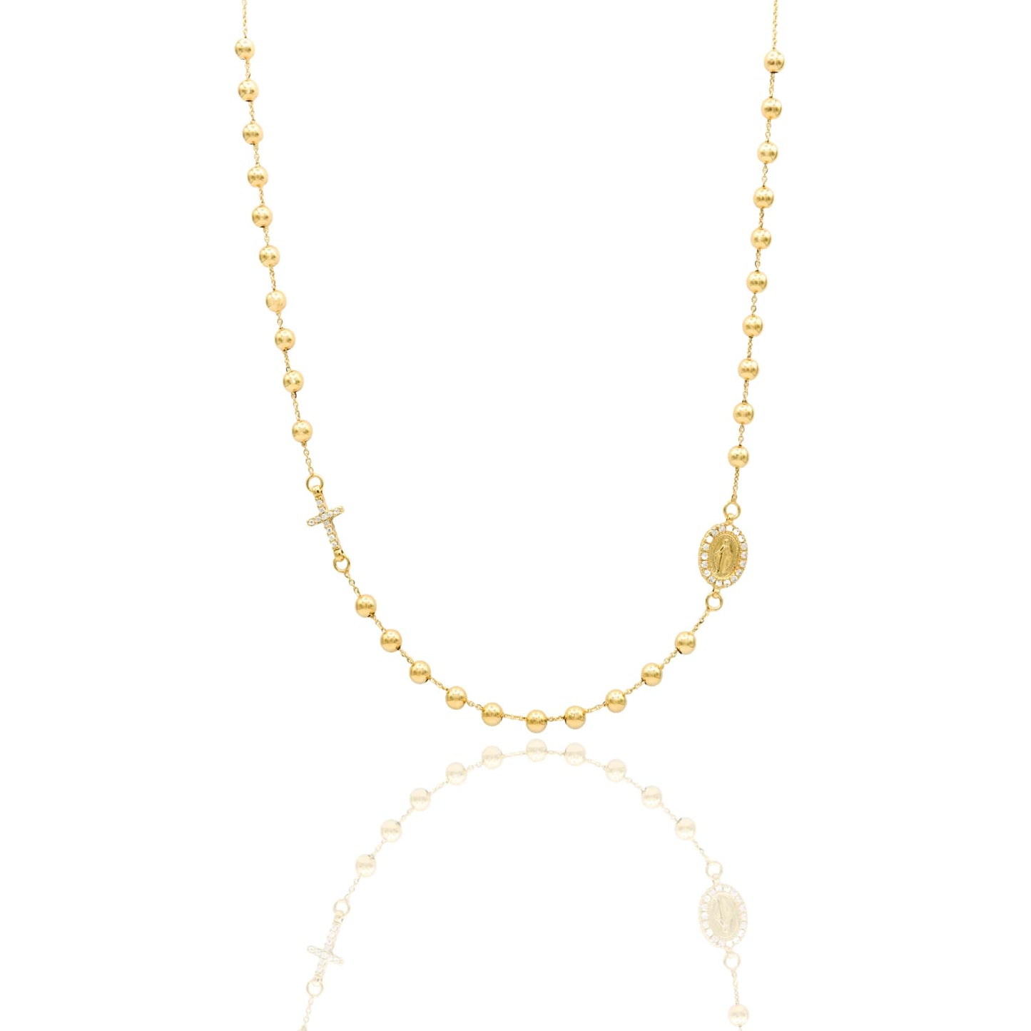 Collana Oro Giallo Oro 18 carati Rosario Girocollo Sfere Lisce Madonna E Croce Zirconi Bianchi