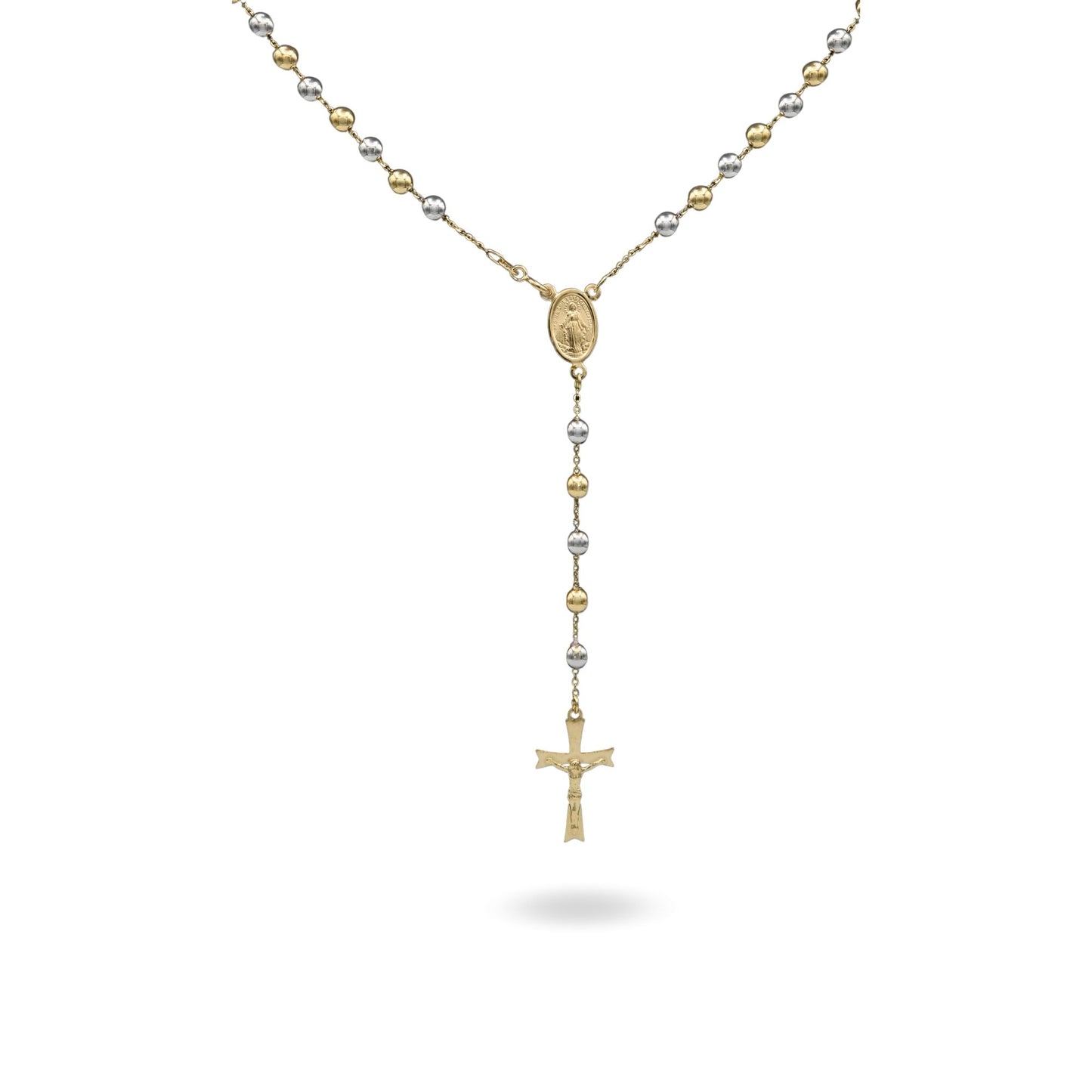 Collana Oro Giallo, Oro Bianco Oro 18 carati Rosario Modello Pendente Solo Oro 60 cm.Sfera mm. 5