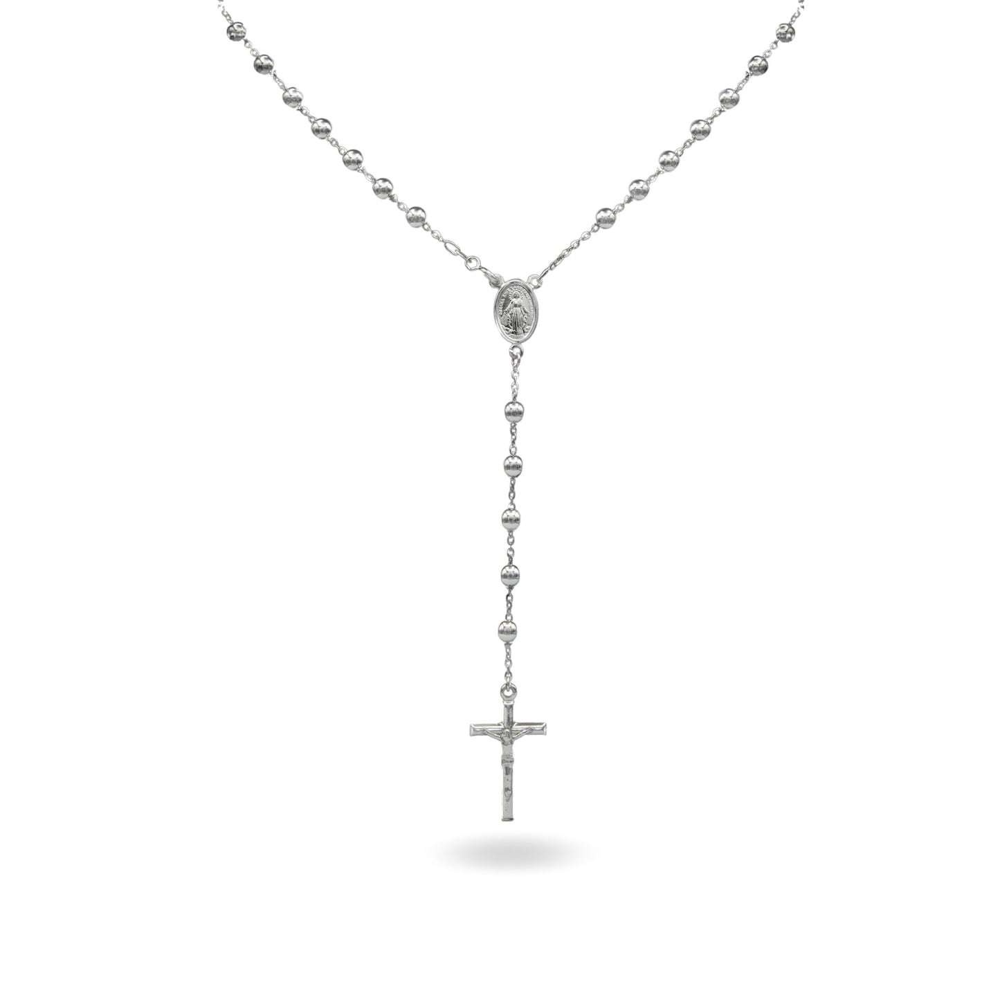 Collana Oro Bianco Oro 18 carati Rosario Modello Pendente Solo Oro 60 cm.Sfera mm. 5