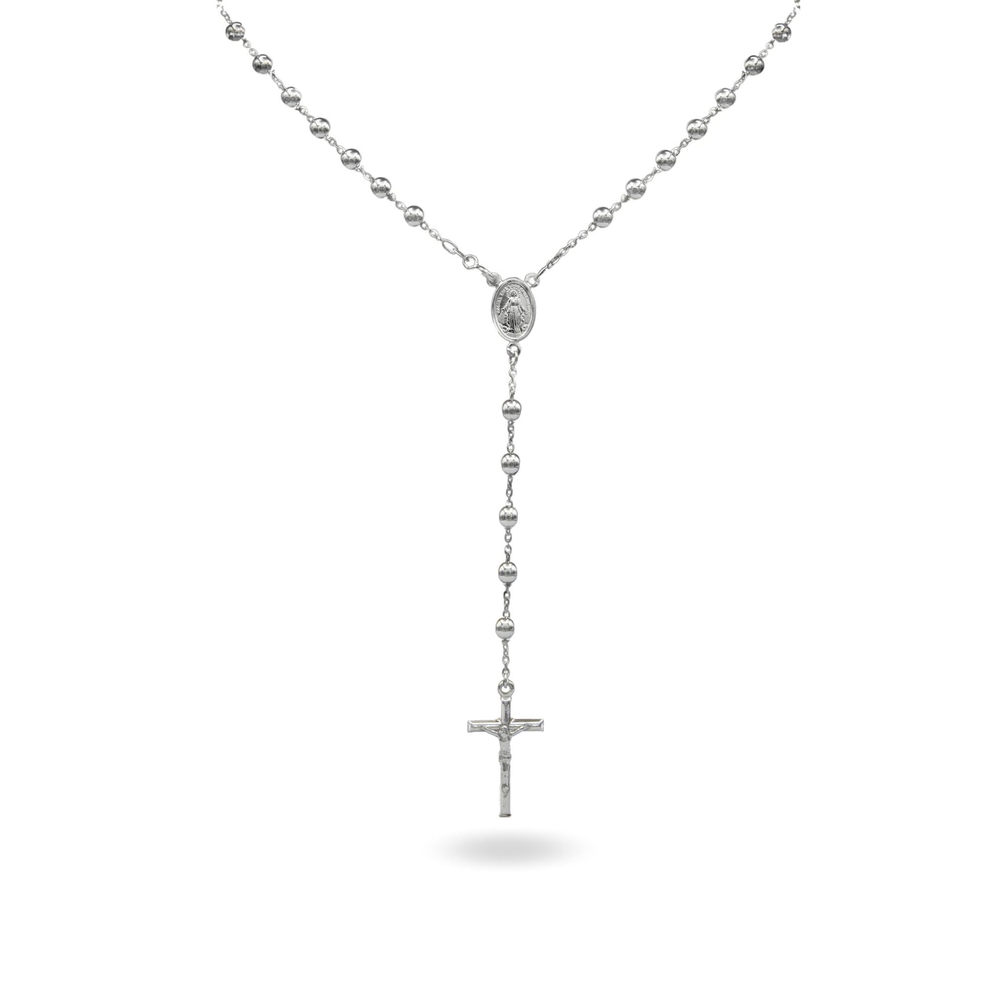 Collana Oro Bianco Oro 18 carati Rosario Modello Pendente Solo Oro 60 cm.Sfera mm. 5