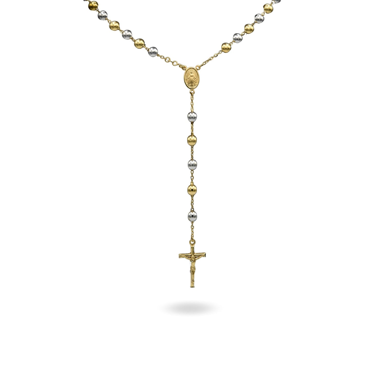Collana Oro Giallo, Oro Bianco Oro 18 carati Rosario Modello Pendente Solo Oro 60 cm.Sfera mm. 7