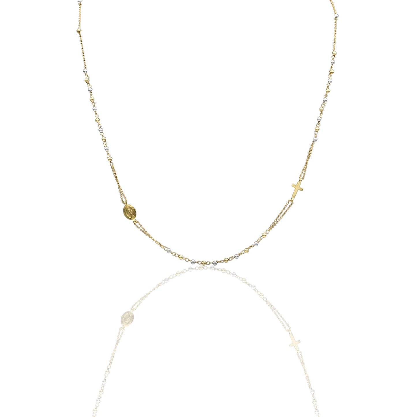Collana Oro Giallo, Oro Bianco Oro 18 carati Rosario Girocollo Solo Oro 50 cm.Sfera mm. 2,5