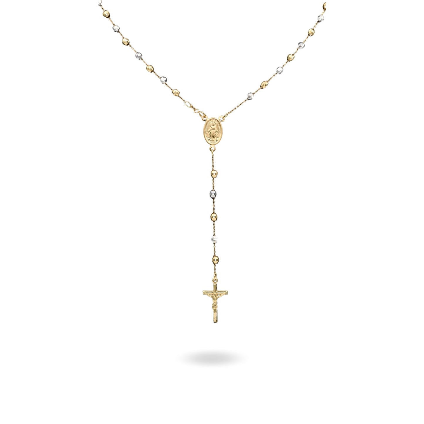 Collana Oro Giallo Oro Bianco Oro 18 carati Rosario Modello Pendente Solo Oro 50 cm.Sfera mm 4