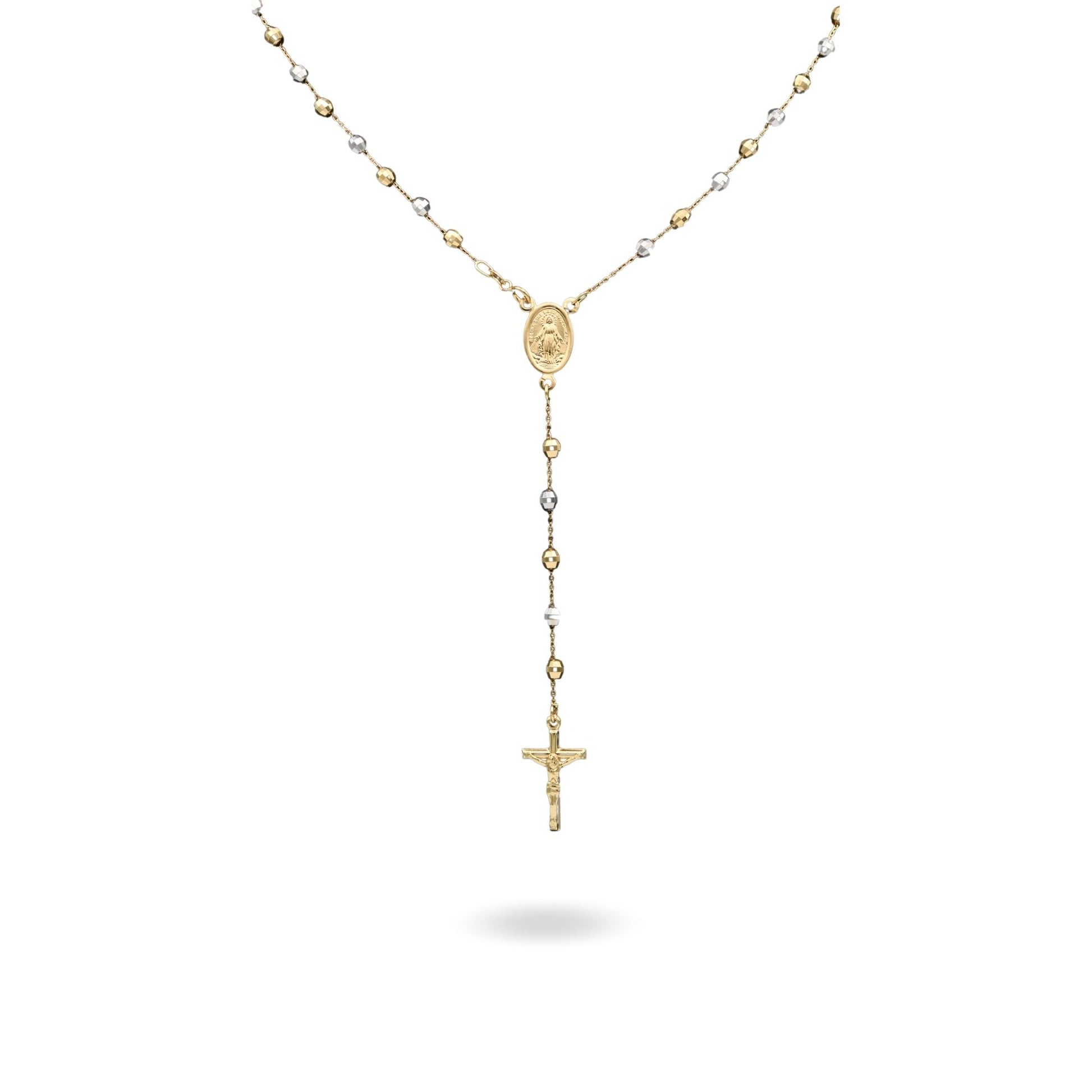 Collana Oro Giallo Oro Bianco Oro 18 carati Rosario Modello Pendente Solo Oro 50 cm.Sfera mm 4