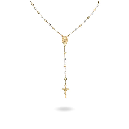 Collana Oro Giallo Oro Bianco Oro 18 carati Rosario Modello Pendente Solo Oro 50 cm.Sfera mm 4