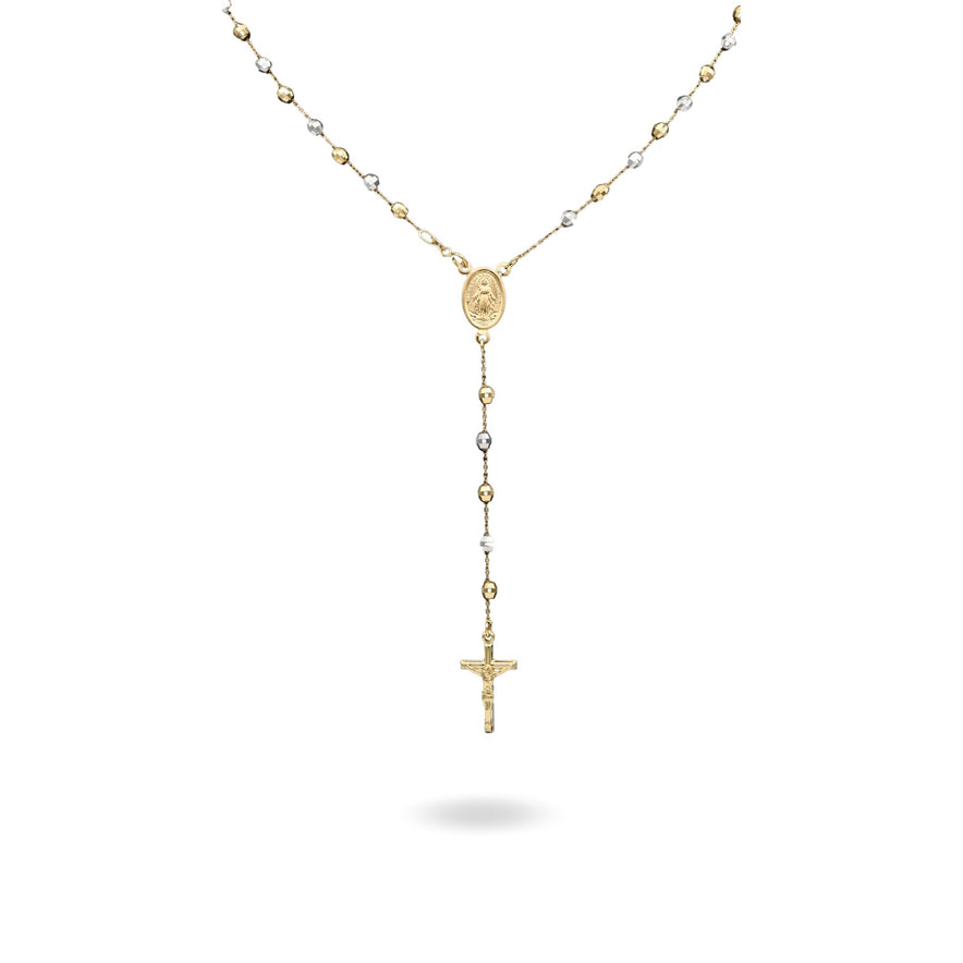 Collana Oro Giallo Oro Bianco Oro 18 carati Rosario Modello Pendente Solo Oro 50 cm.Sfera mm 4