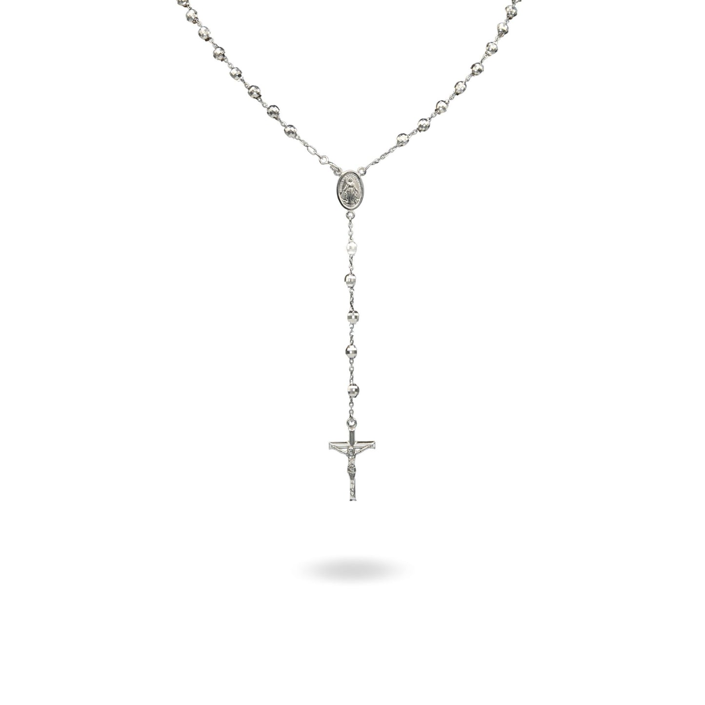 Collana Oro Bianco Oro 18 carati Rosario Modello Pendente Solo Oro 60 cm.Sfera mm 5