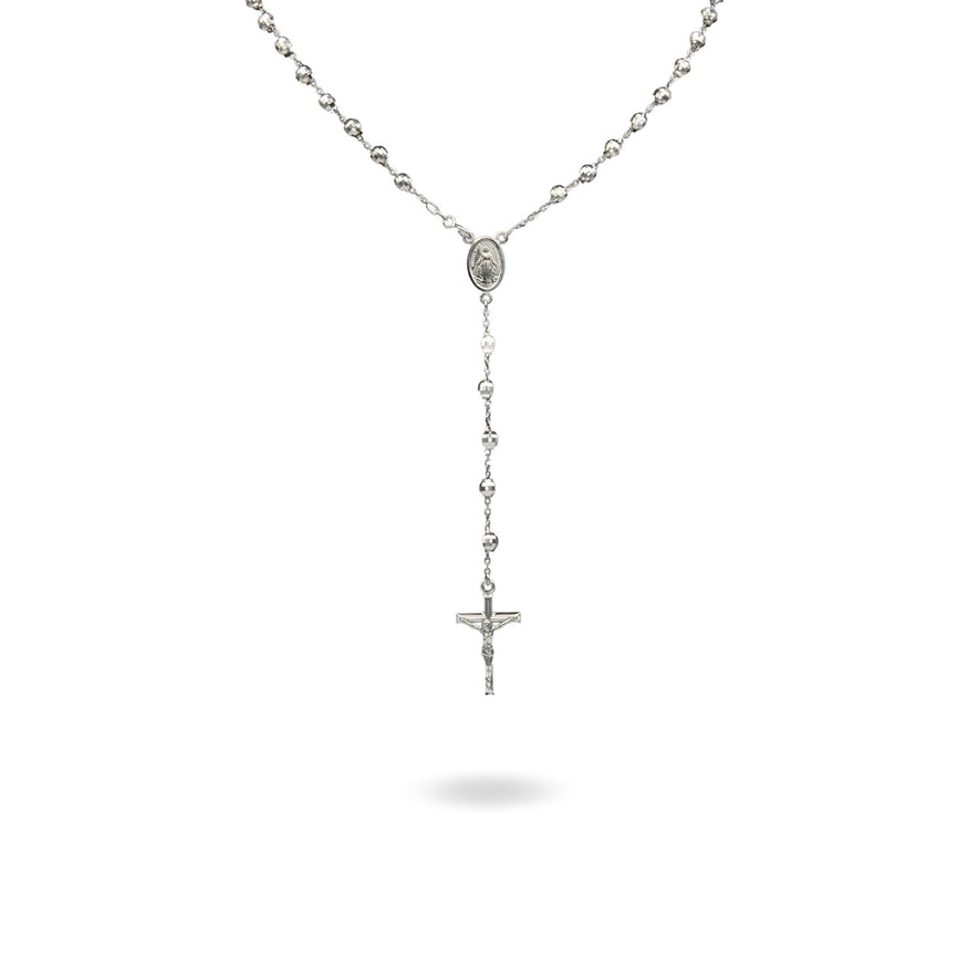 Collana Oro Bianco Oro 18 carati Rosario Modello Pendente Solo Oro 60 cm.Sfera mm 5