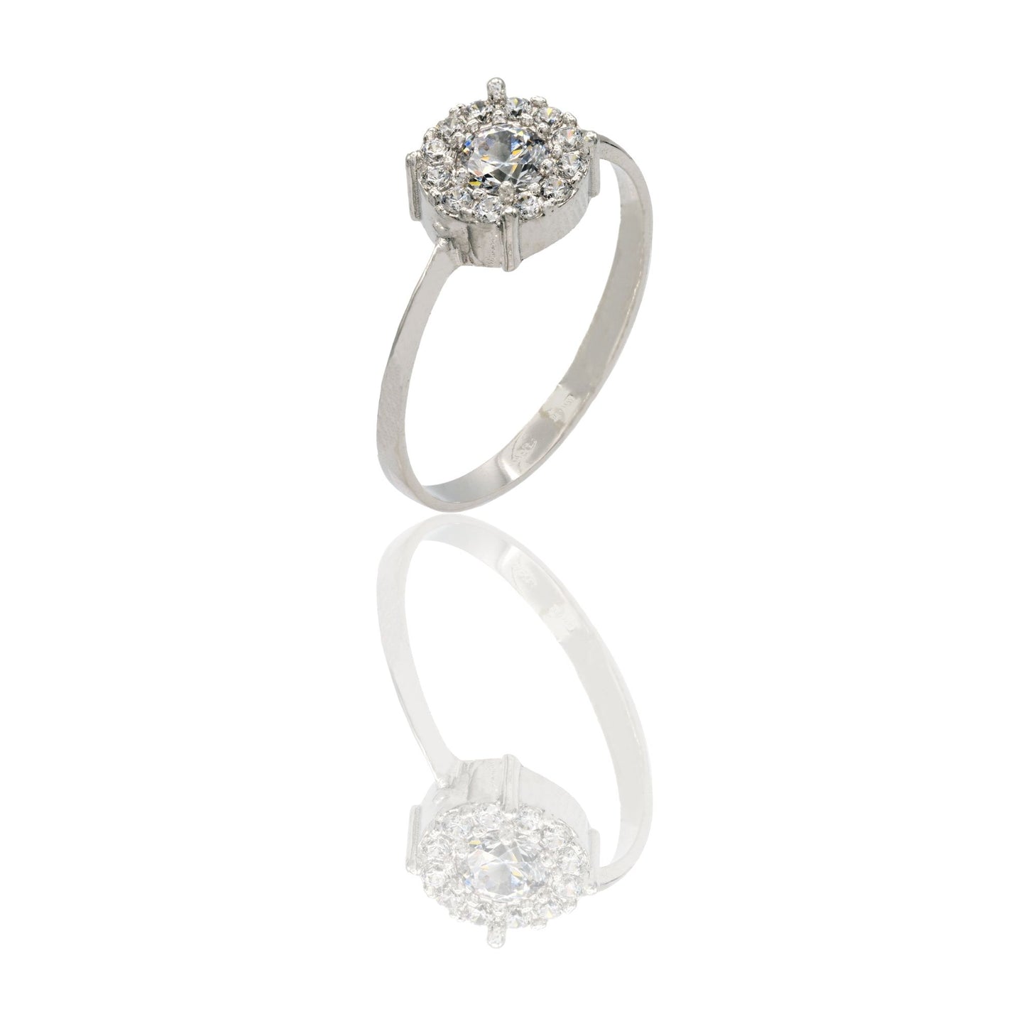 Anello Oro Bianco Oro 18 carati Pietra Bianca Centrale E Contorno Pave' Di Zirconi Zirconi Bianchi