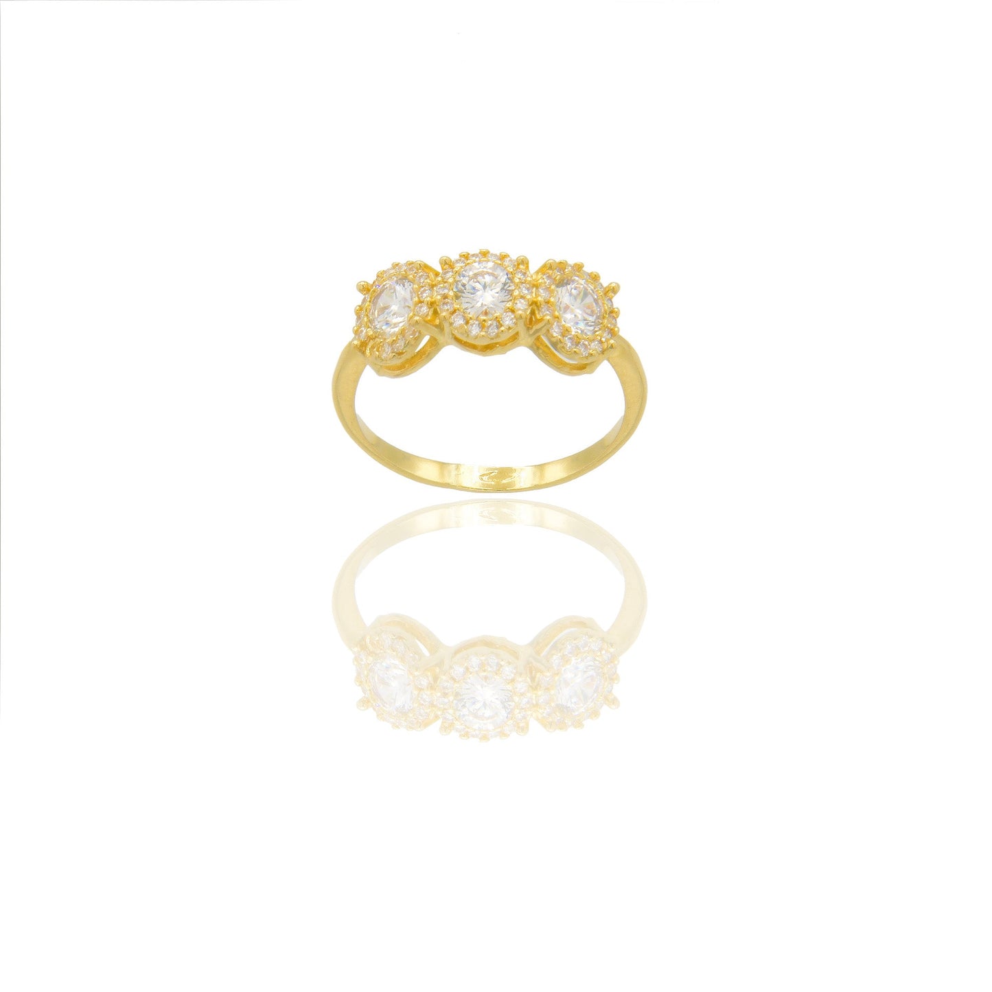 Anelli Oro Giallo Oro 18 carati trilogy magic centro e contorno gambo pavè Zirconi Bianchi spessore gambo 1,6mm spessore pietre 6,4mm