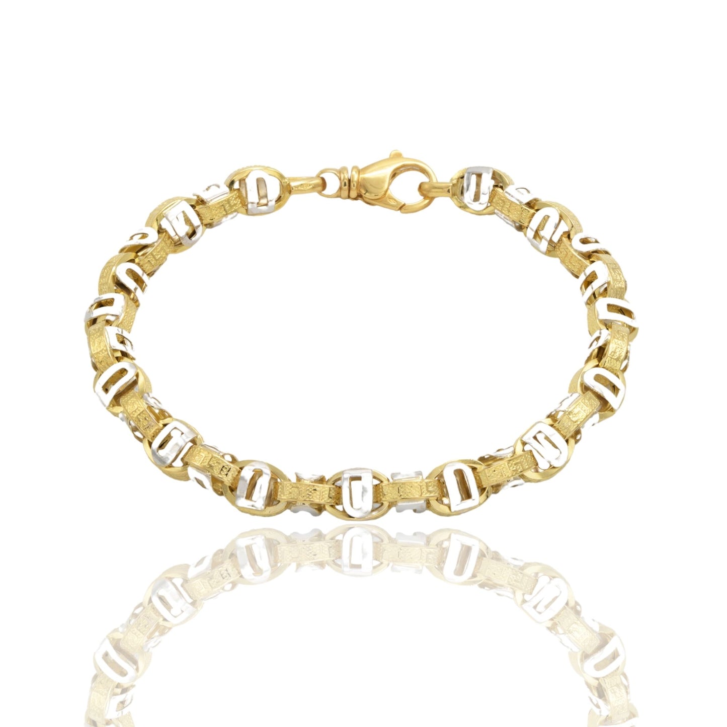 Bracciale Oro Giallo Oro Bianco Oro 18 carati Maglia Rolo'Con Greca E Placchette Solo Oro cm. 23,5