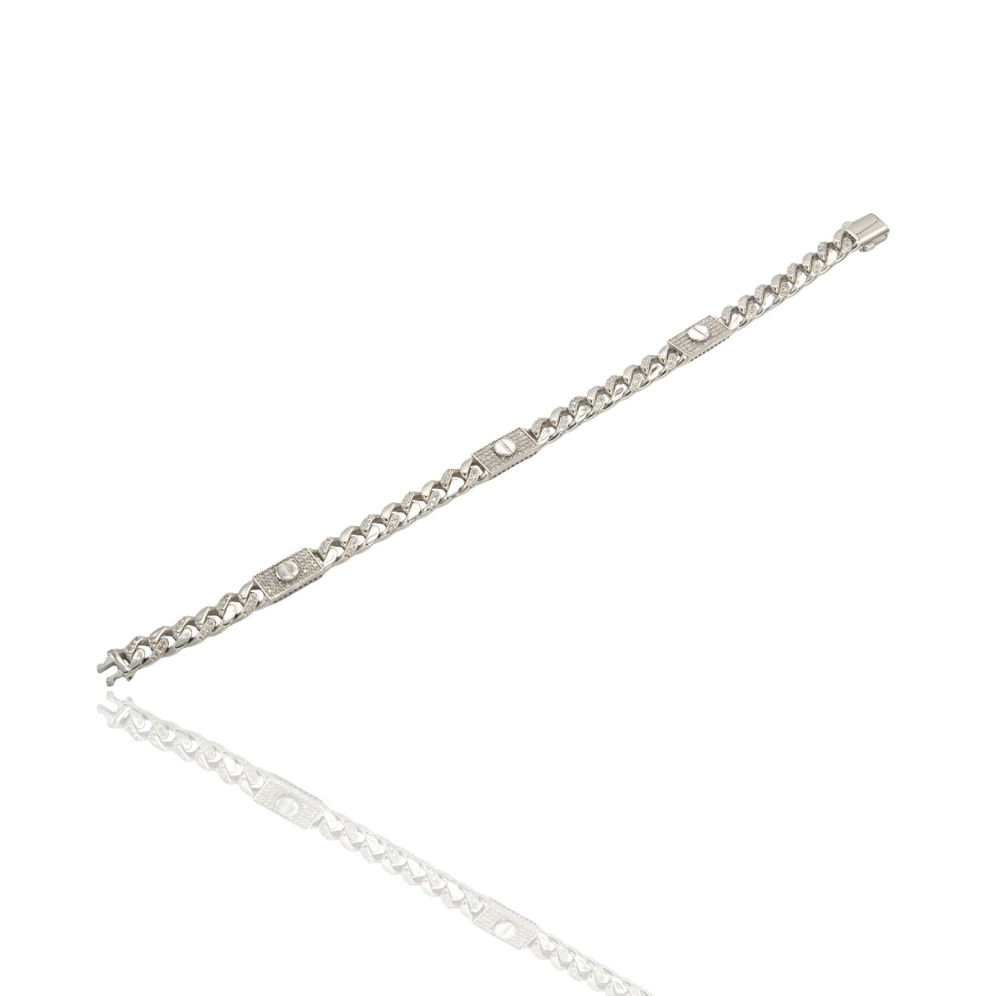 Bracciale Oro Bianco Oro 18 carati Groumette E Targhette Zirconi Bianchi cm. 22