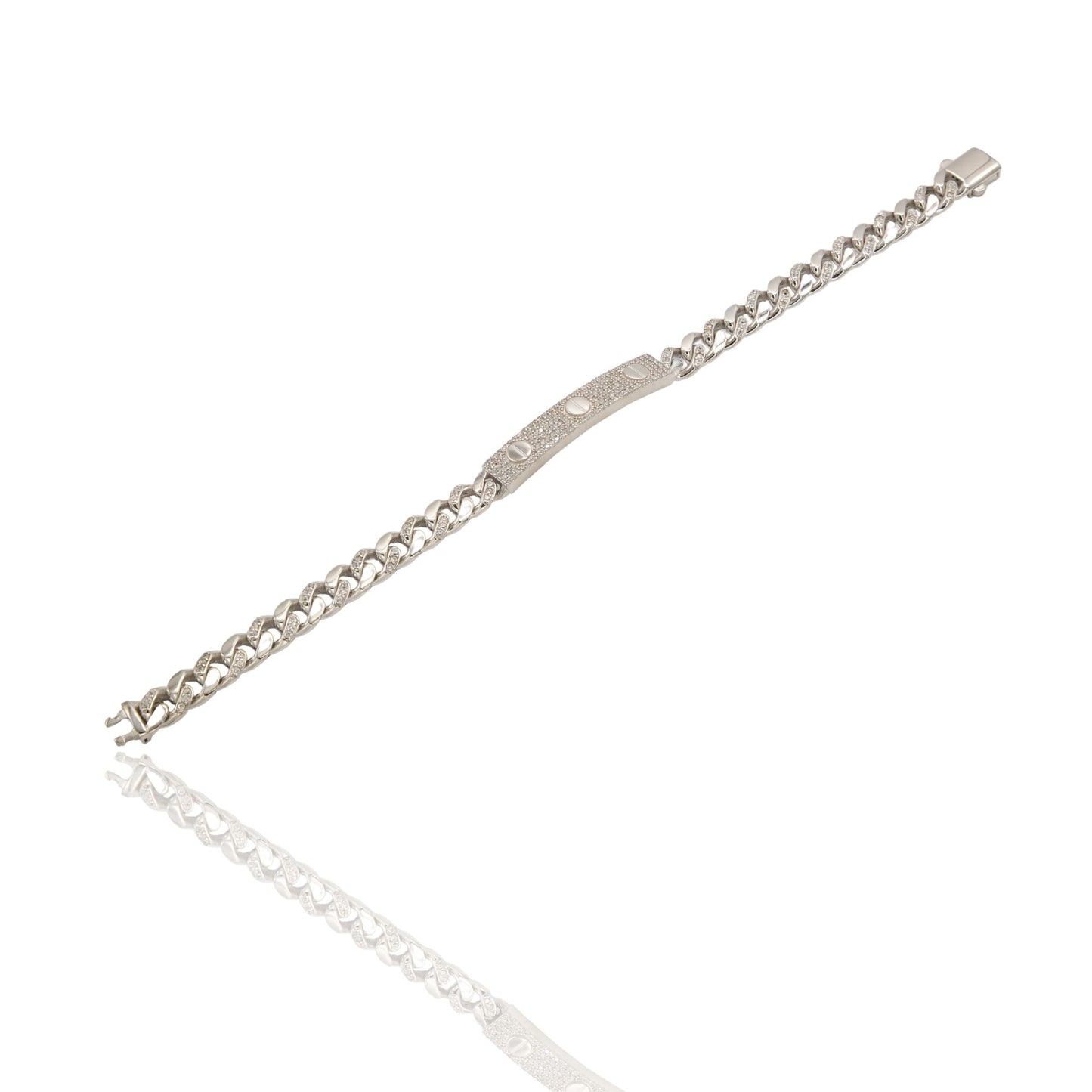 Bracciale Oro Bianco Oro 18 carati Groumette E Targa Centrale Zirconi Bianchi cm. 21