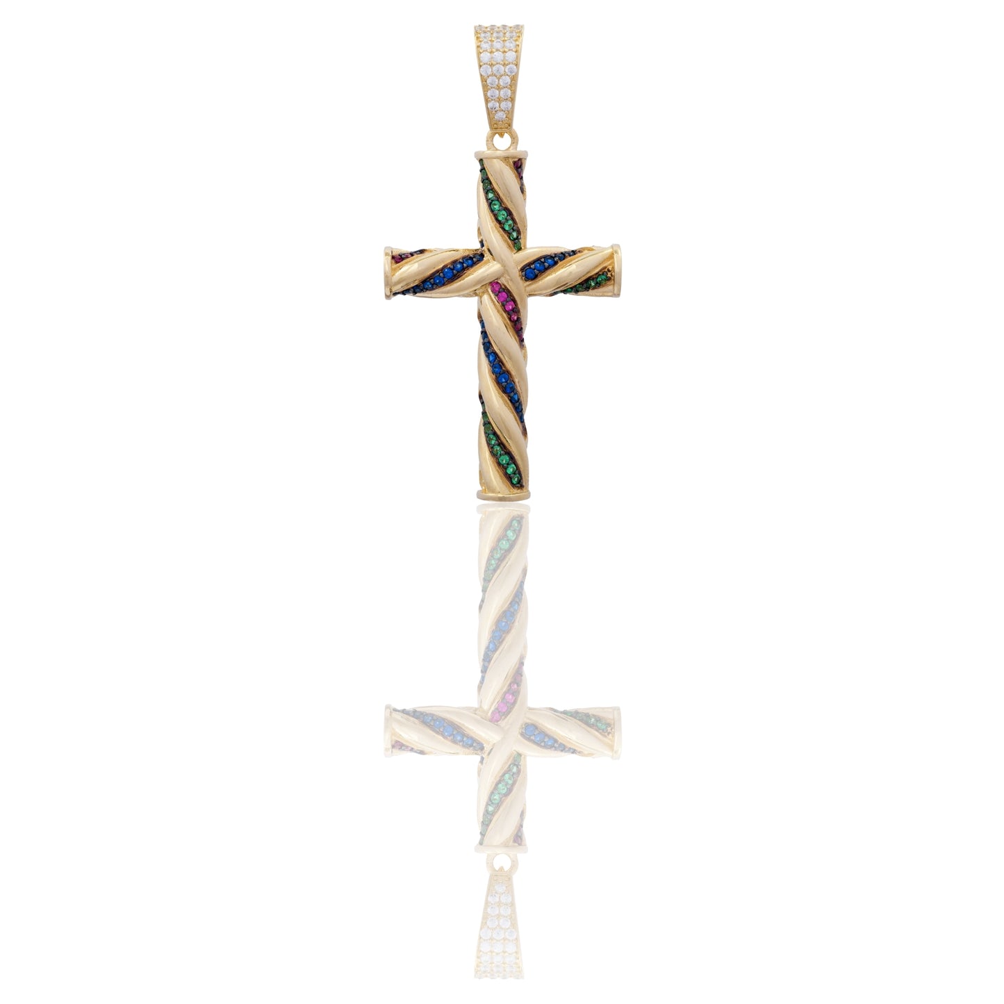 Ciondolo Oro Giallo Oro 18 carati Croce Intrecciata Oro E Pietre Zirconi Multicolor