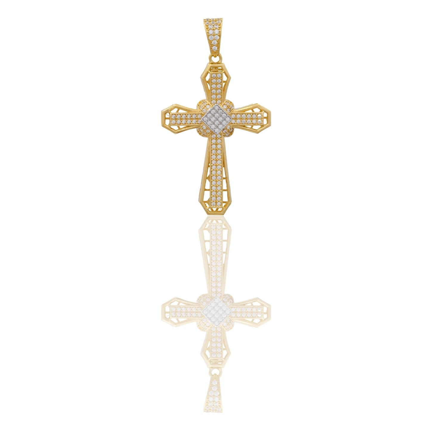 Ciondolo Oro Giallo Oro Bianco Oro 18 carati Croce Traforata Con Rombo Centrale Zirconi Bianchi